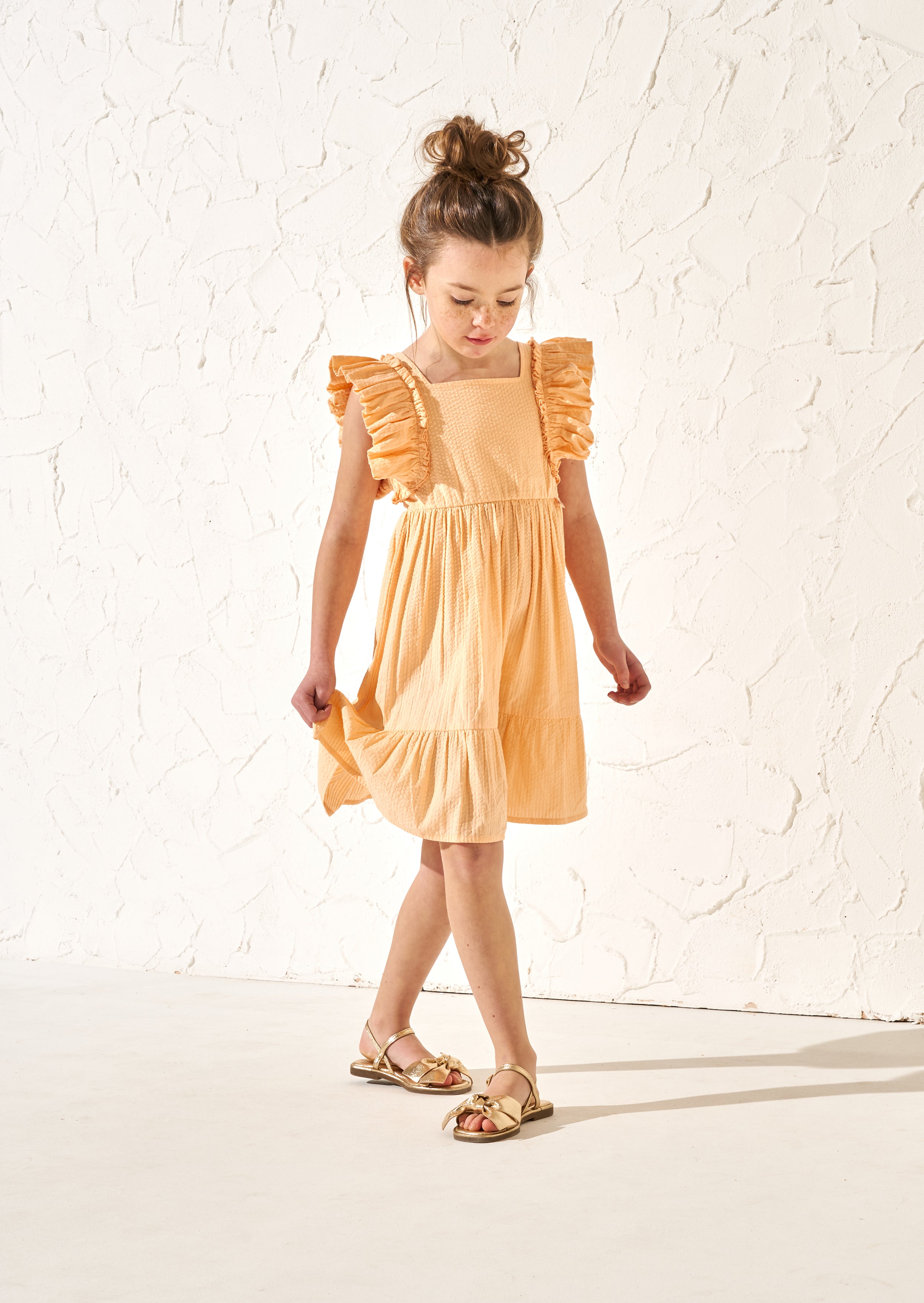 Simone Orange strukturiertes Kleid mit Rüschen