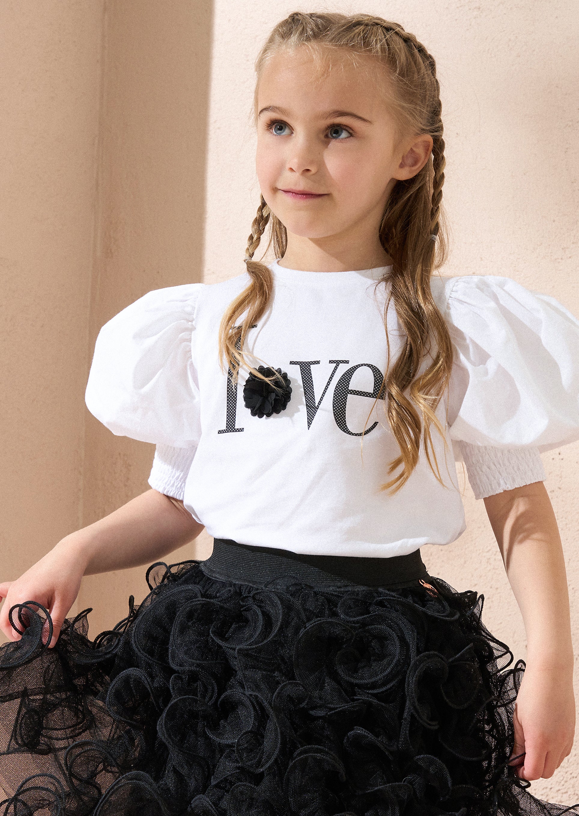Heidi White Woven Puff Sleeve Love T-shirt