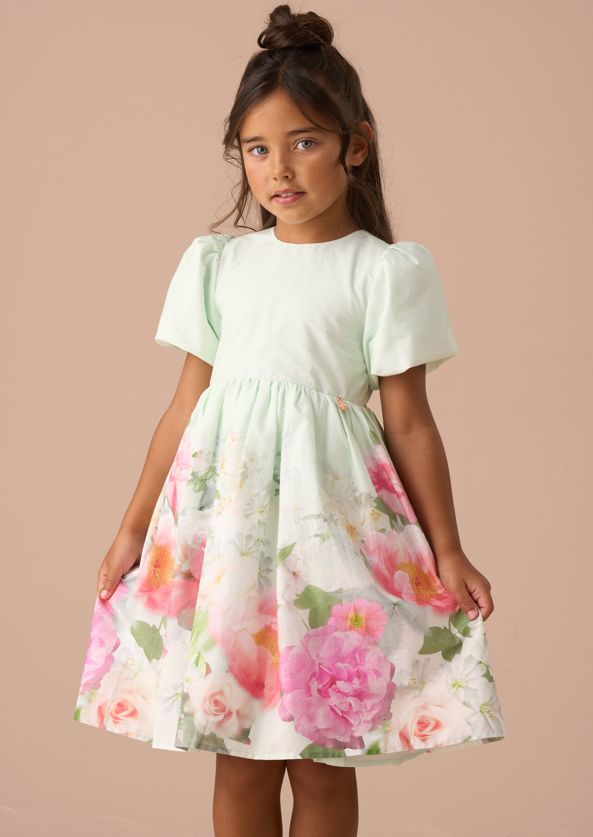 Robe à manches bouffantes imprimée bordure menthe Anna