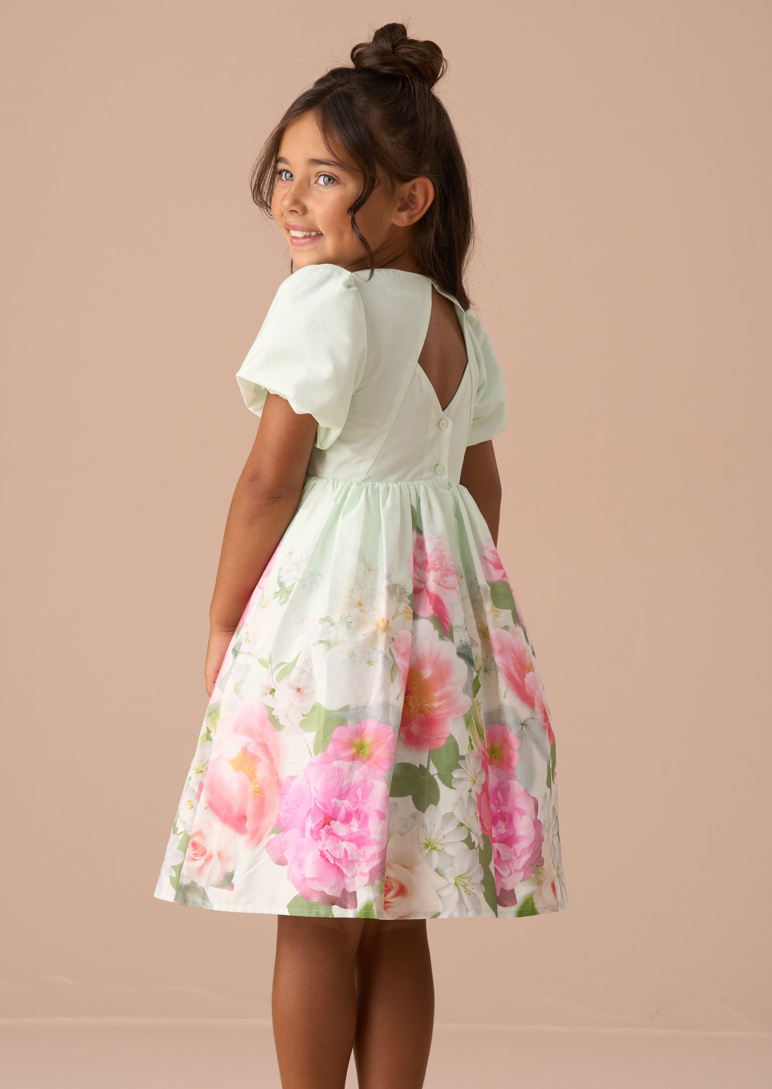 Robe à manches bouffantes imprimée bordure menthe Anna