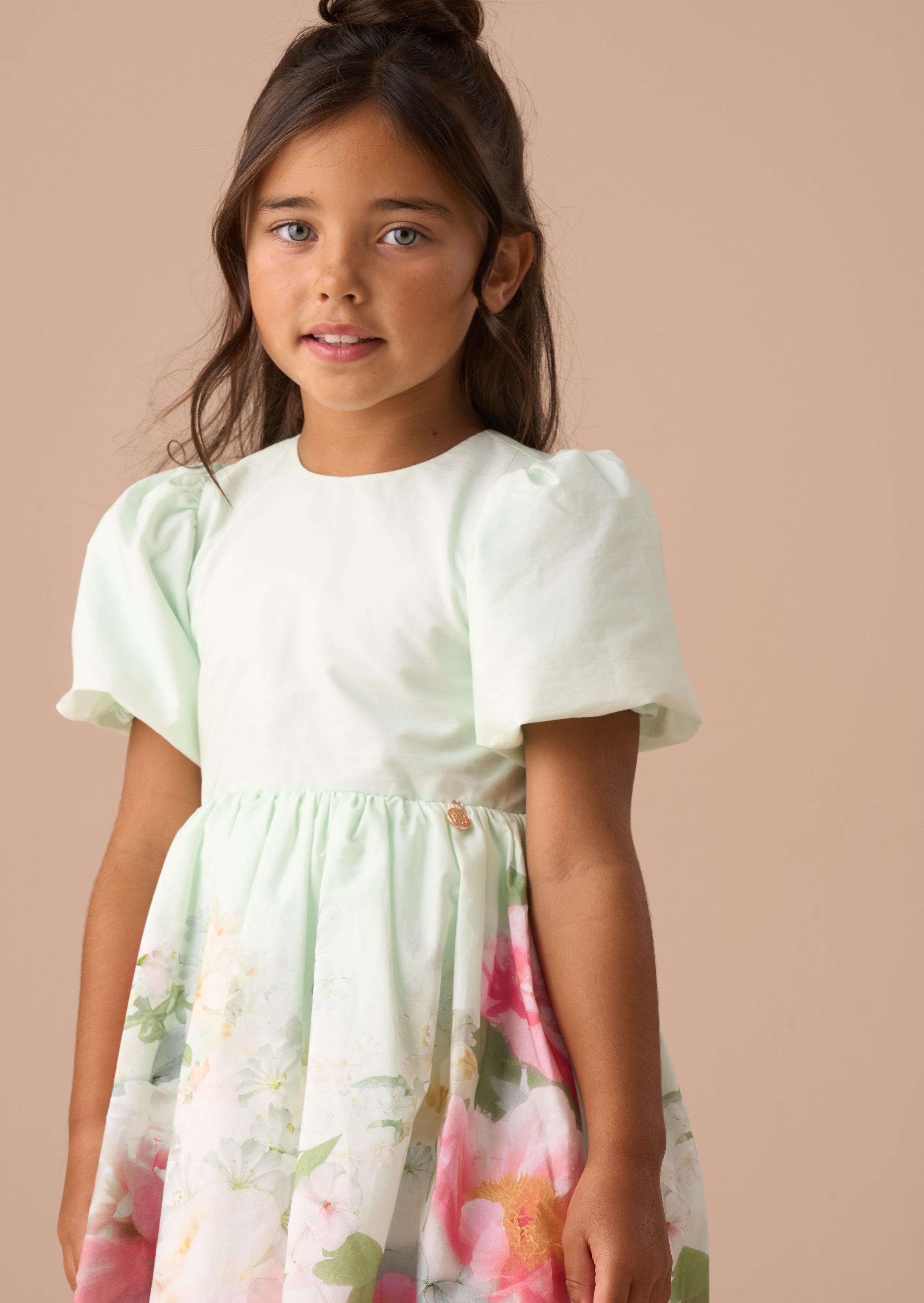 Robe à manches bouffantes imprimée bordure menthe Anna