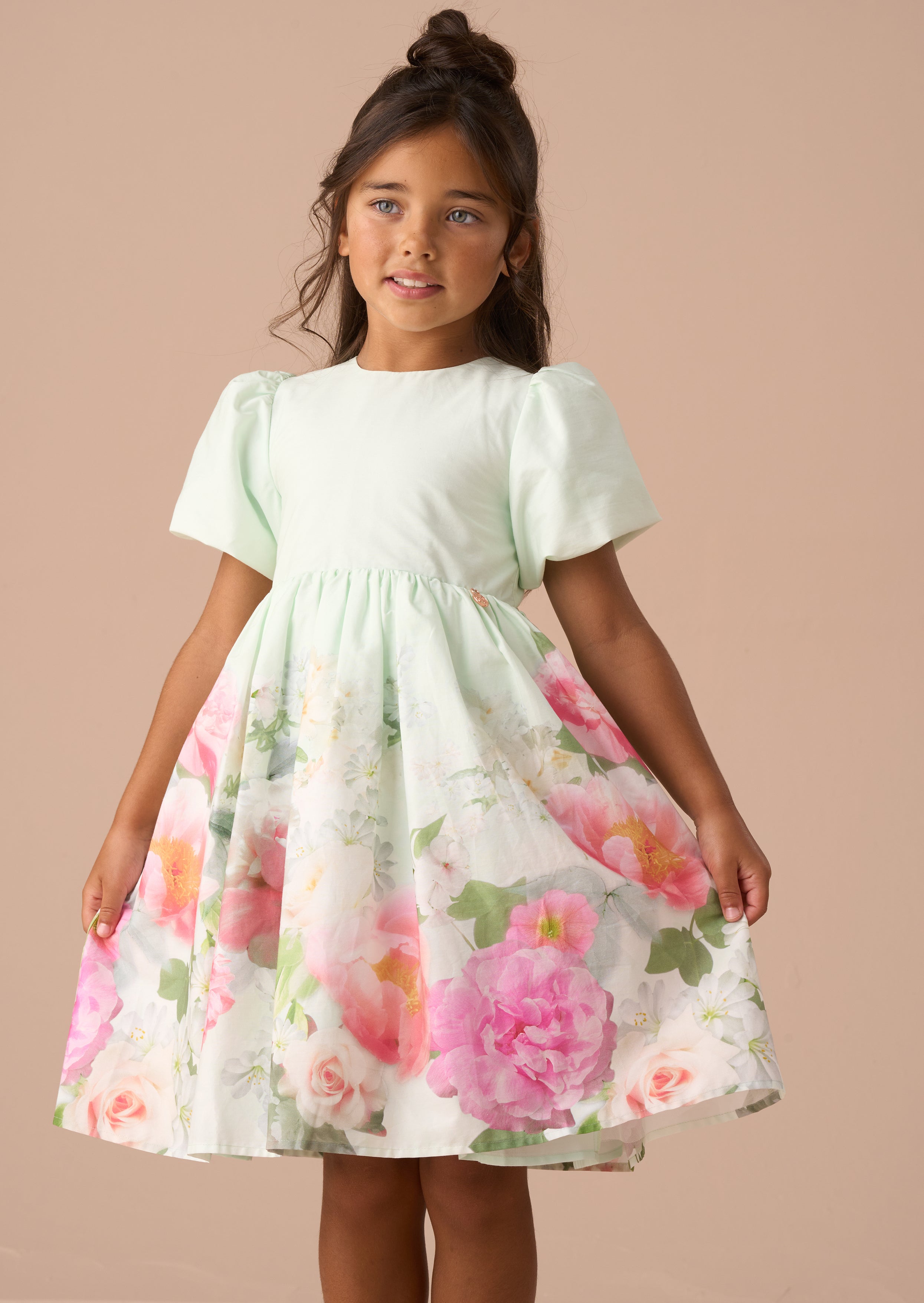 Robe à manches bouffantes imprimée bordure menthe Anna