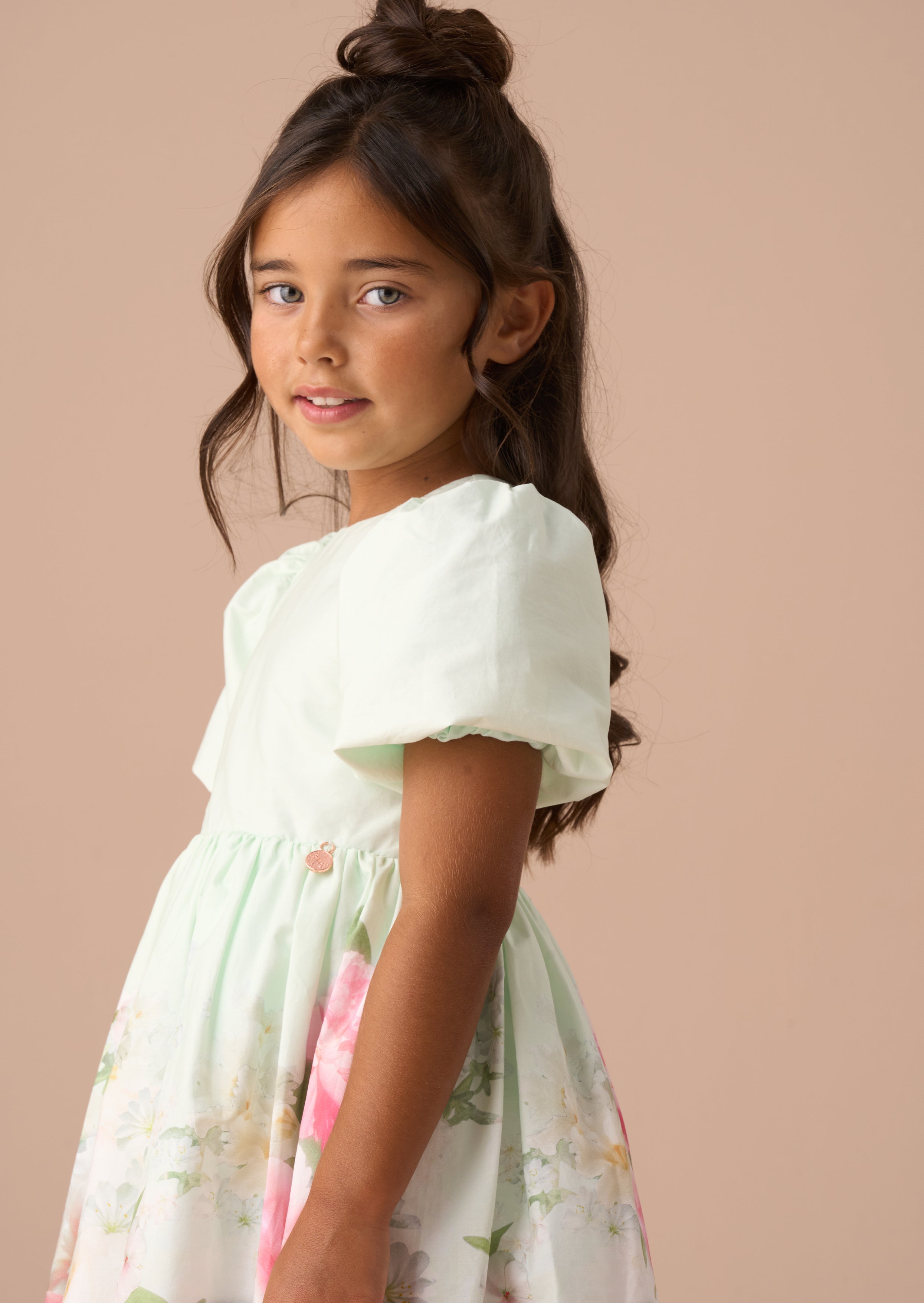 Robe à manches bouffantes imprimée bordure menthe Anna