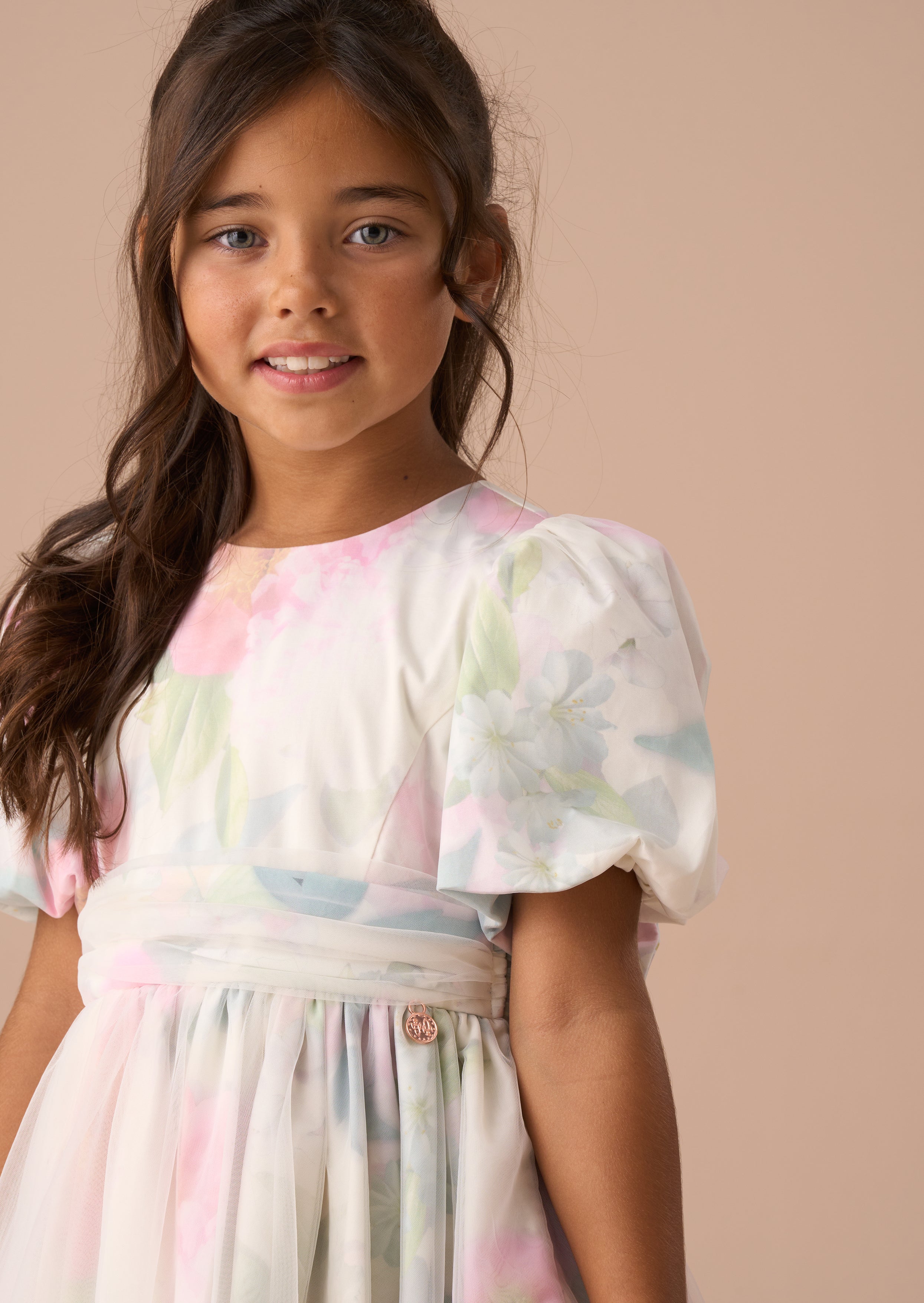 Robe rose imprimée en mesh à manches bouffantes