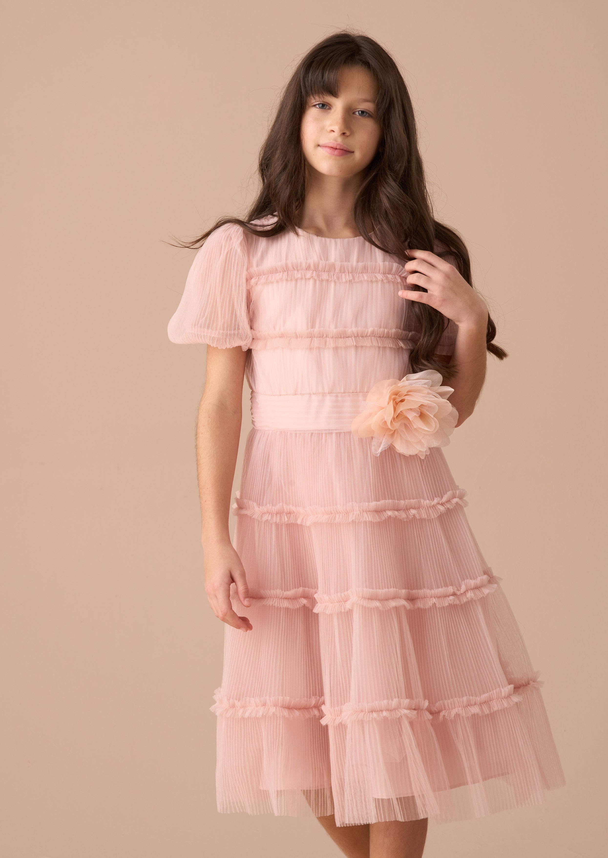 Vestito Corsage in Rete Plissettata Rosa Clara