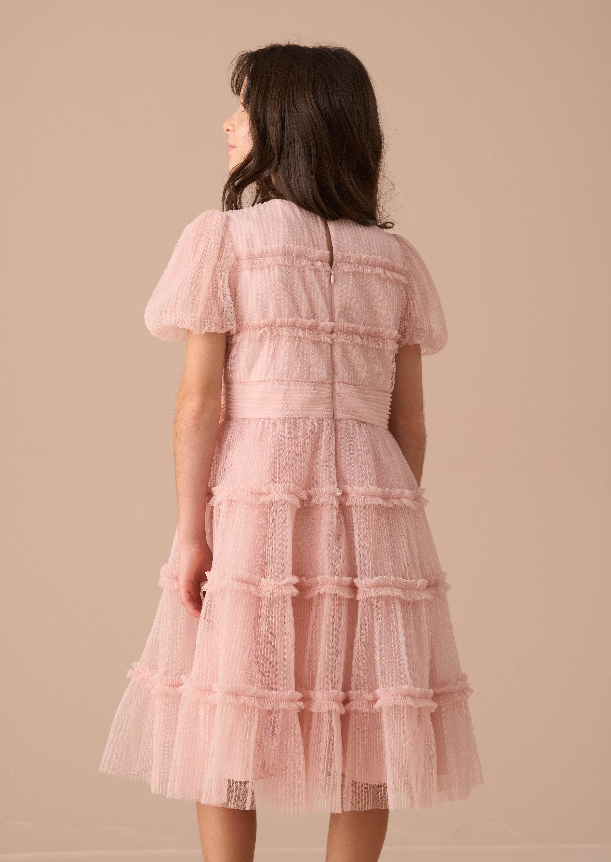 Vestito Corsage in Rete Plissettata Rosa Clara