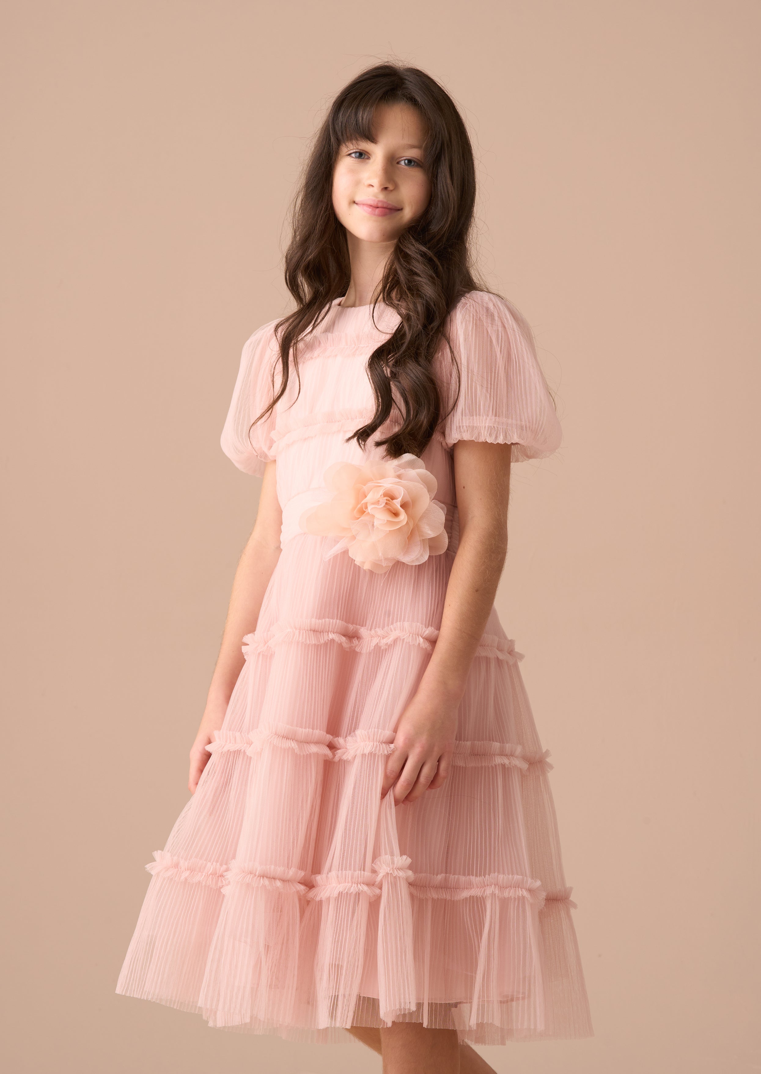 Vestito Corsage in Rete Plissettata Rosa Clara