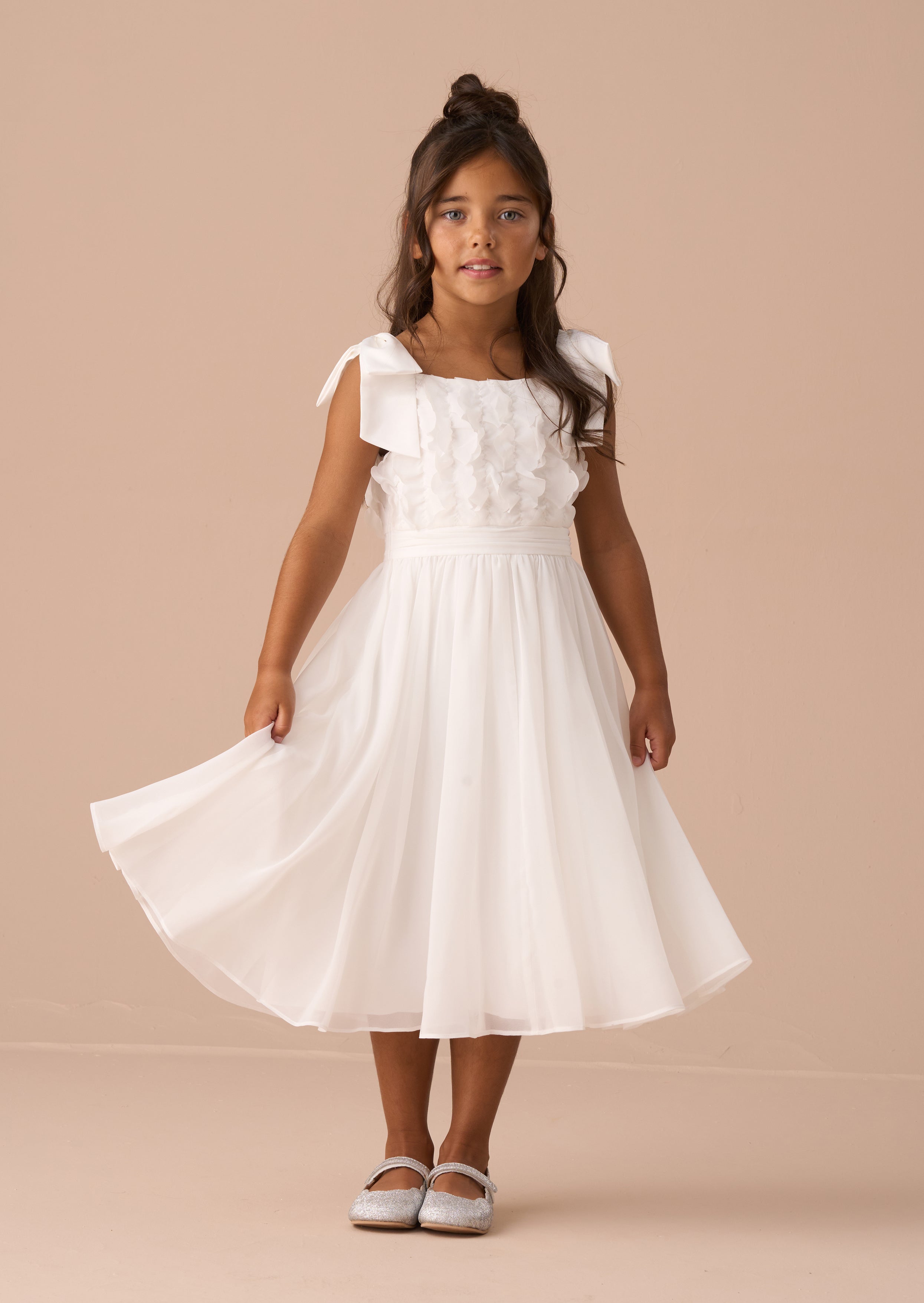 Vestito Lara in Georgette con Spalle a Fiocco Avorio