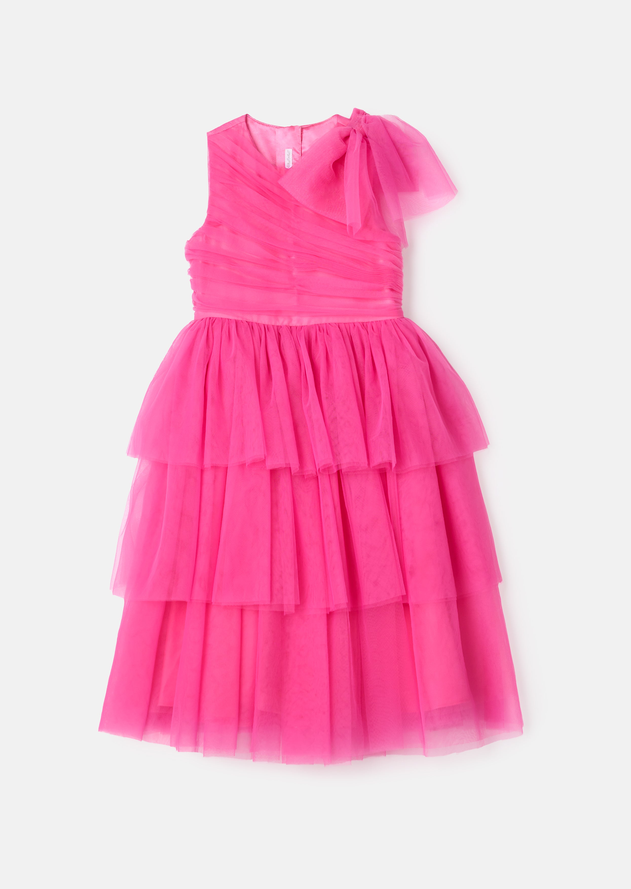 Vestido de malla con volantes y lazo rosa Sienna