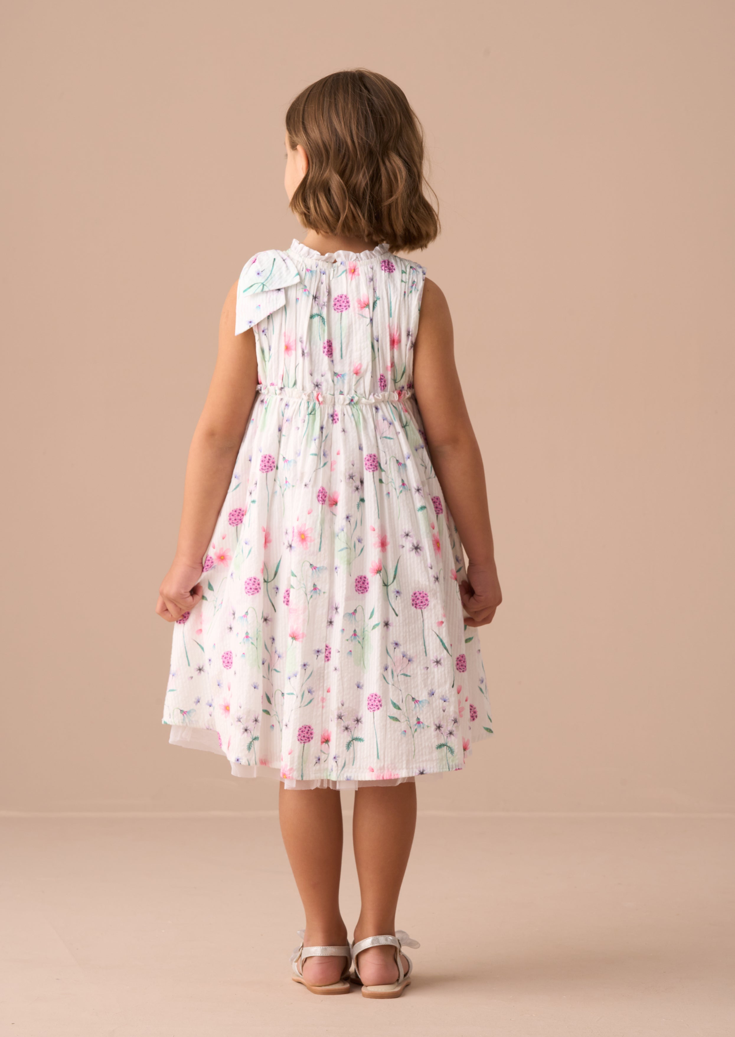 Giana White Bow Shoulder Print Dress