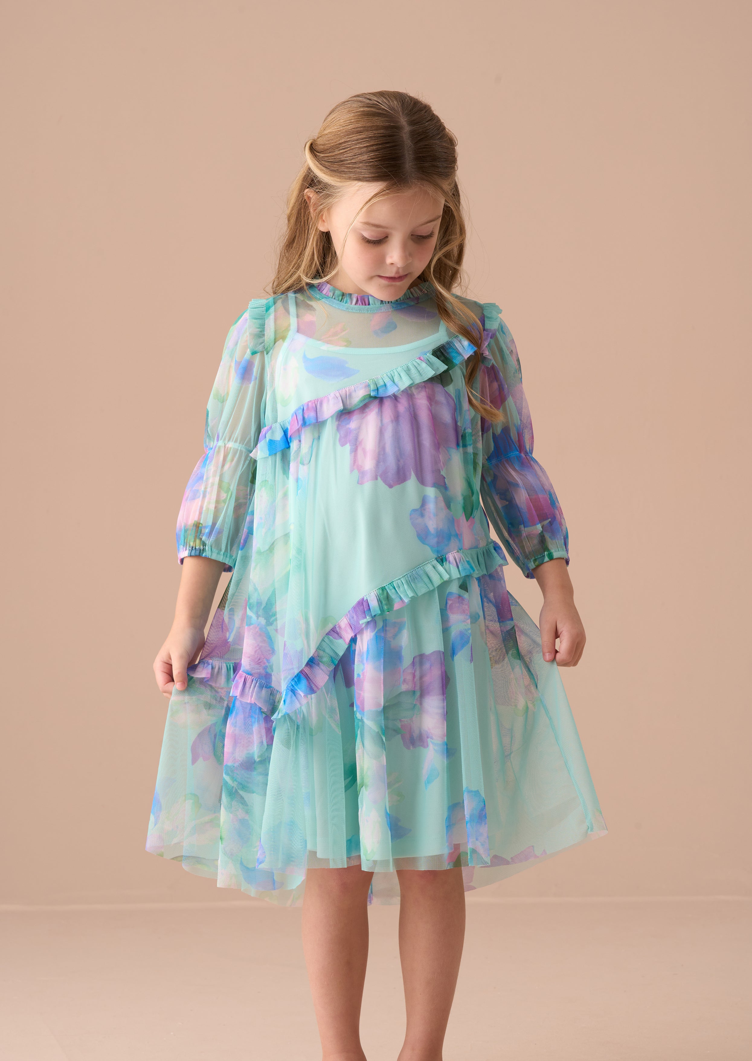 Beatrice Blue Mesh Asymmetric Frill Dress