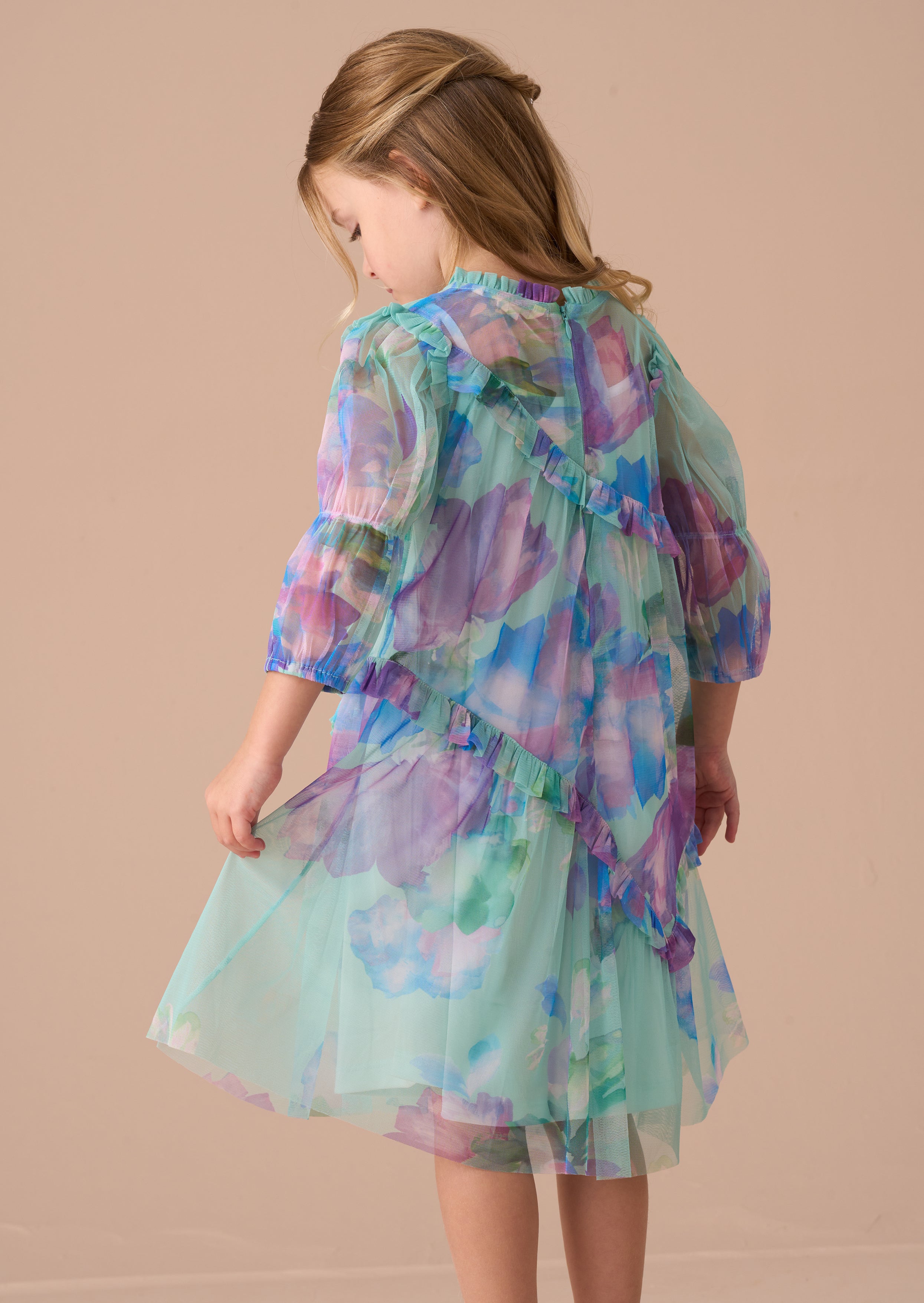 Beatrice Blue Mesh Asymmetric Frill Dress