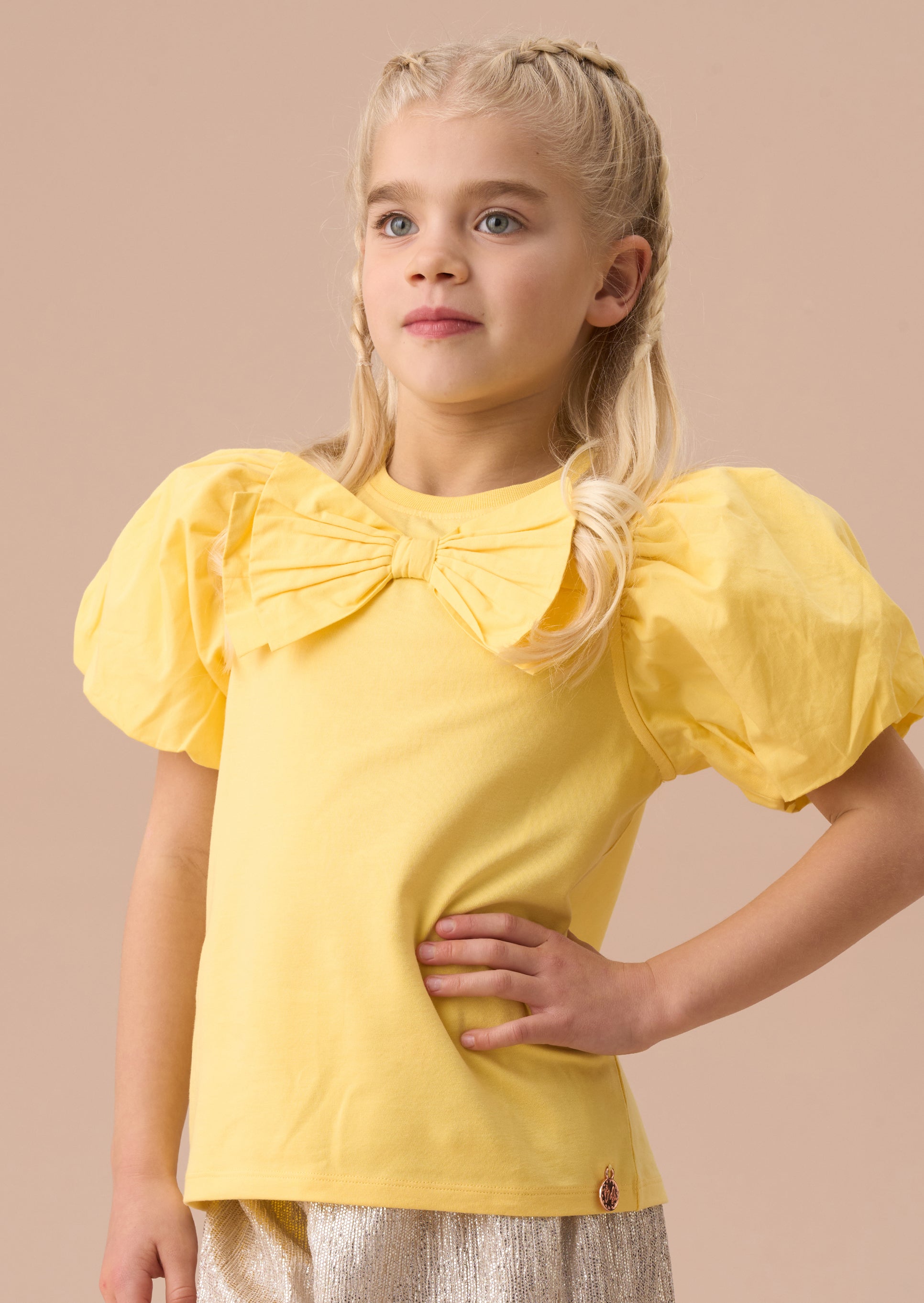 Girls Yellow Bow Puff Sleeve Tee Angel Rocket1