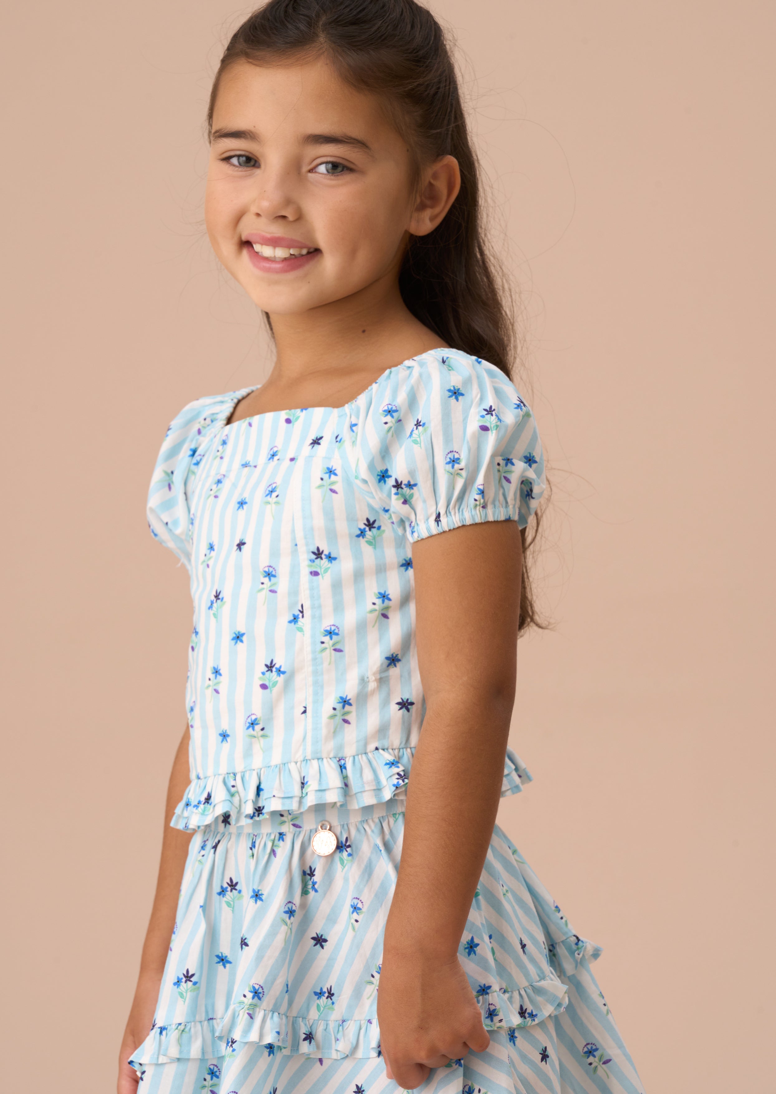 Pia Blue Print Shirred Top