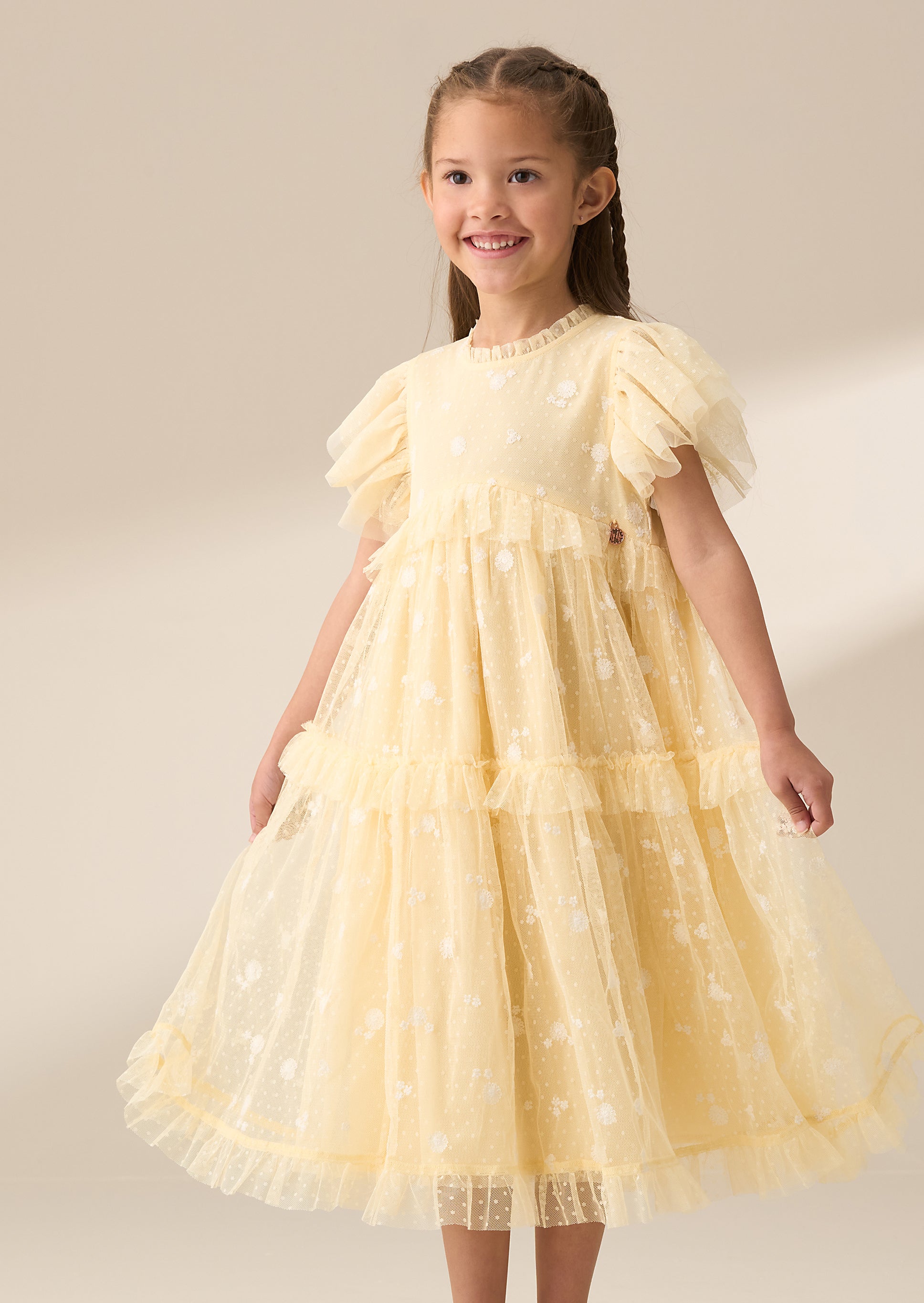 Girls Yellow Embroidered Mesh Dress Angel Rocket