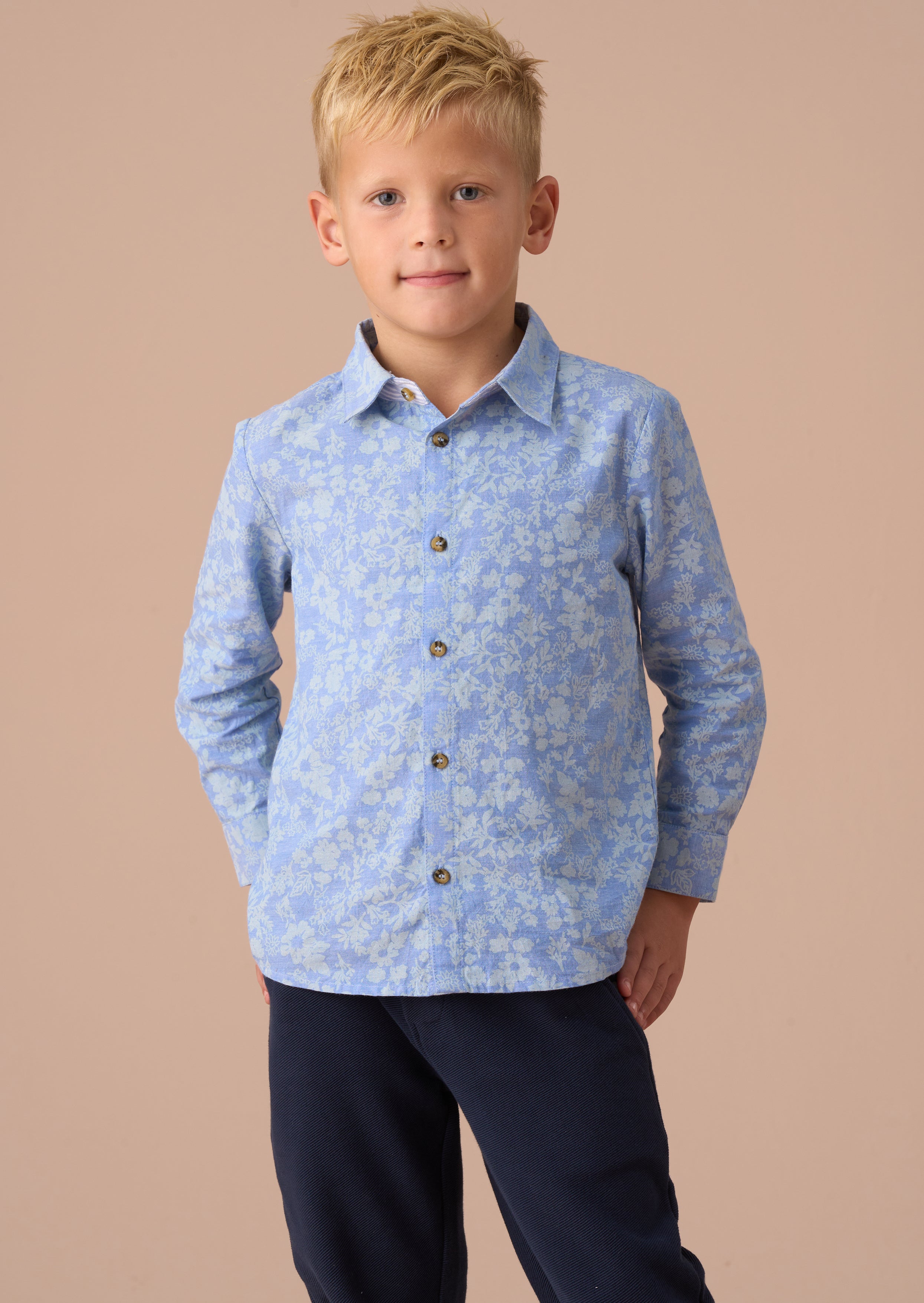 Faes Blau Chambray Blumenmuster Hemd