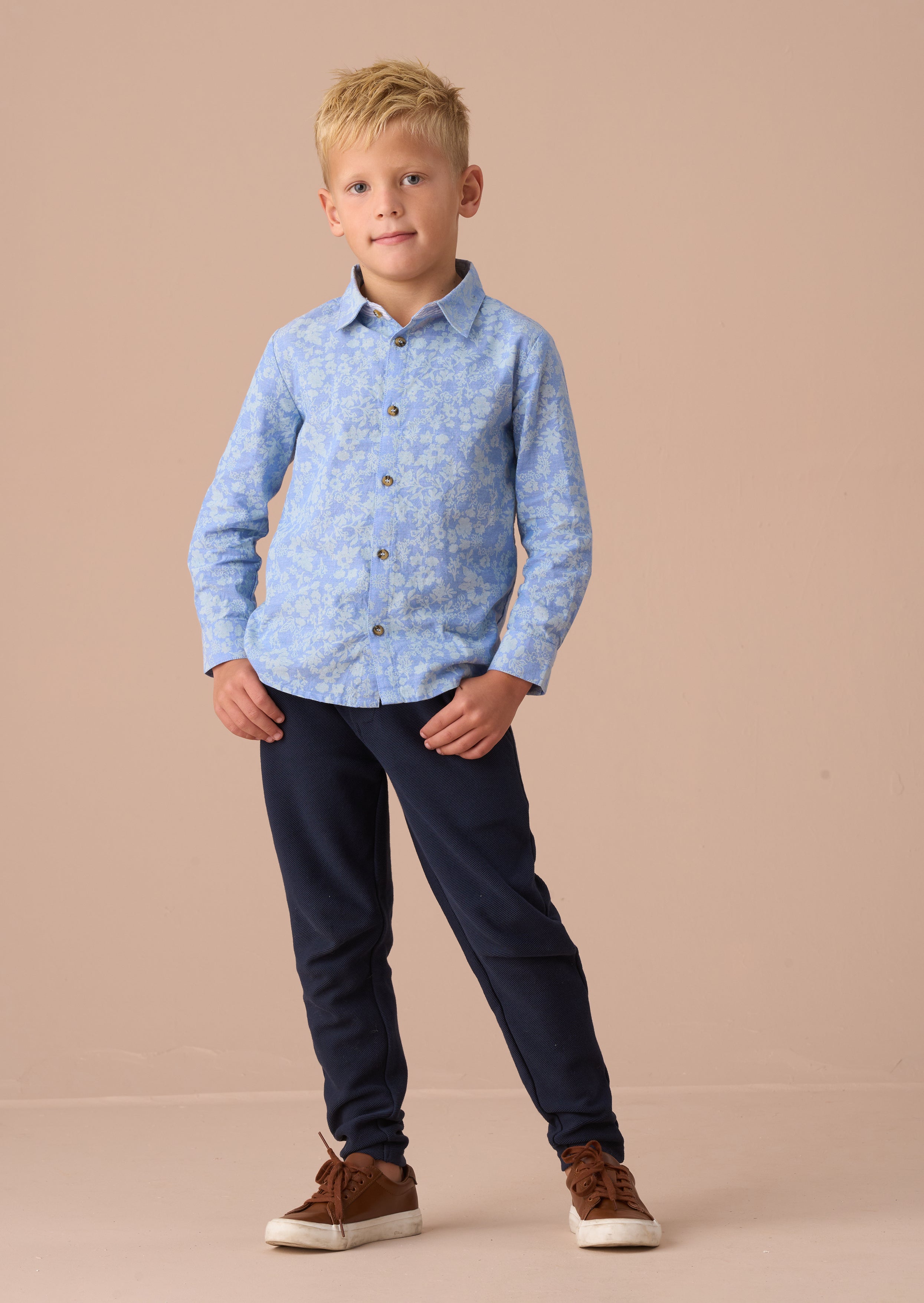 Faes Blau Chambray Blumenmuster Hemd