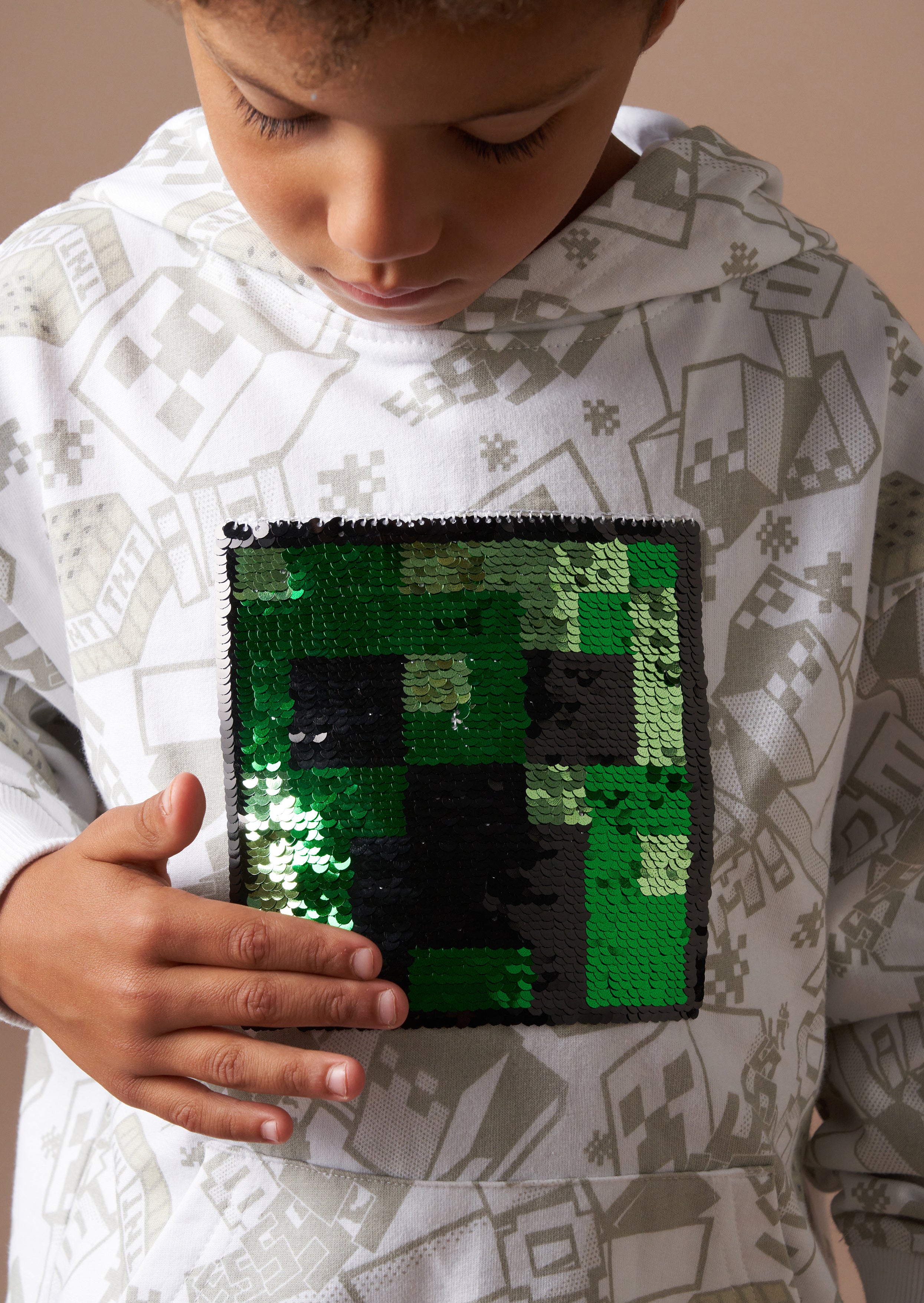 Szara bluza z kapturem Minecraft z cekinami i nadrukiem