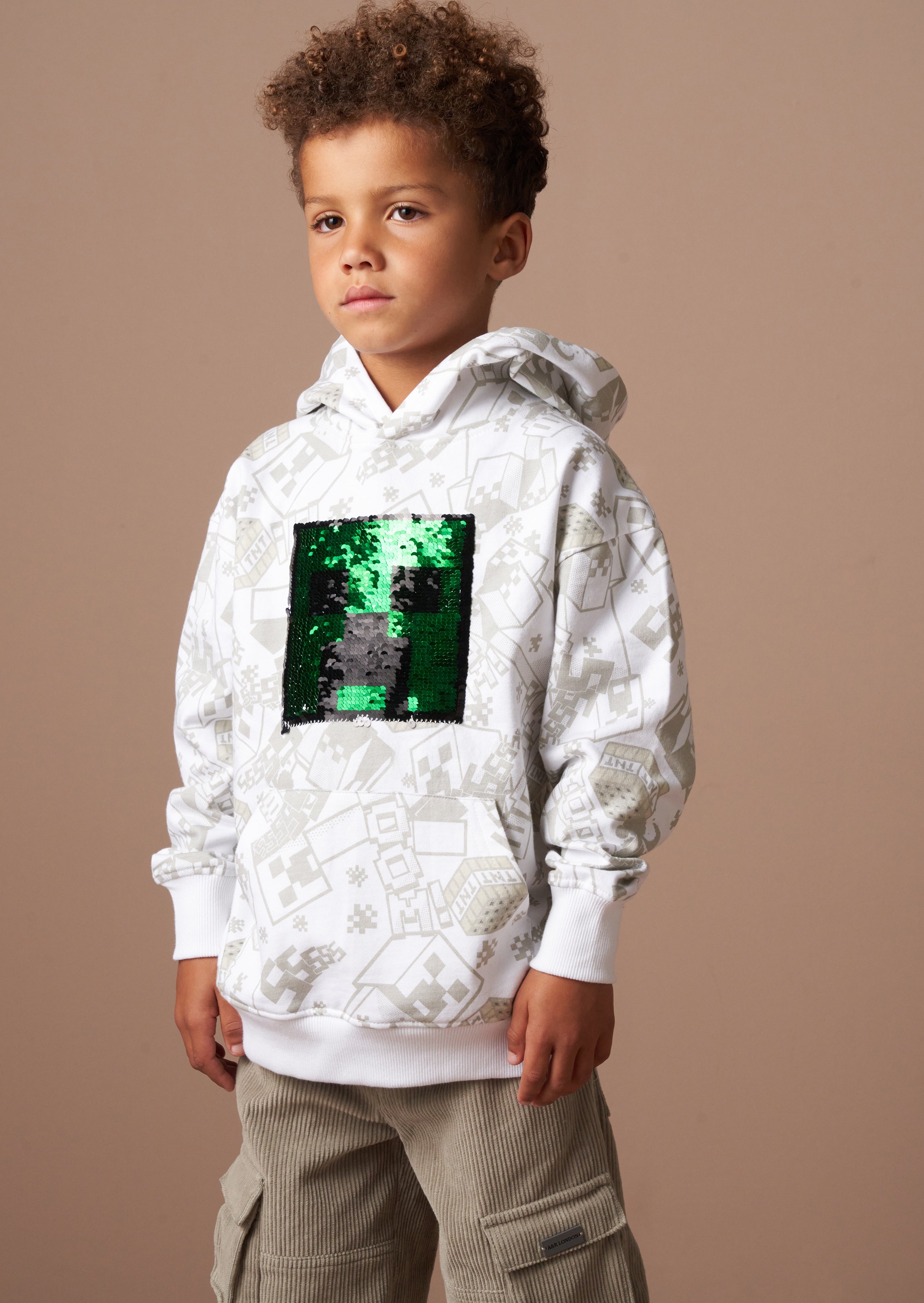 Szara bluza z kapturem Minecraft z cekinami i nadrukiem