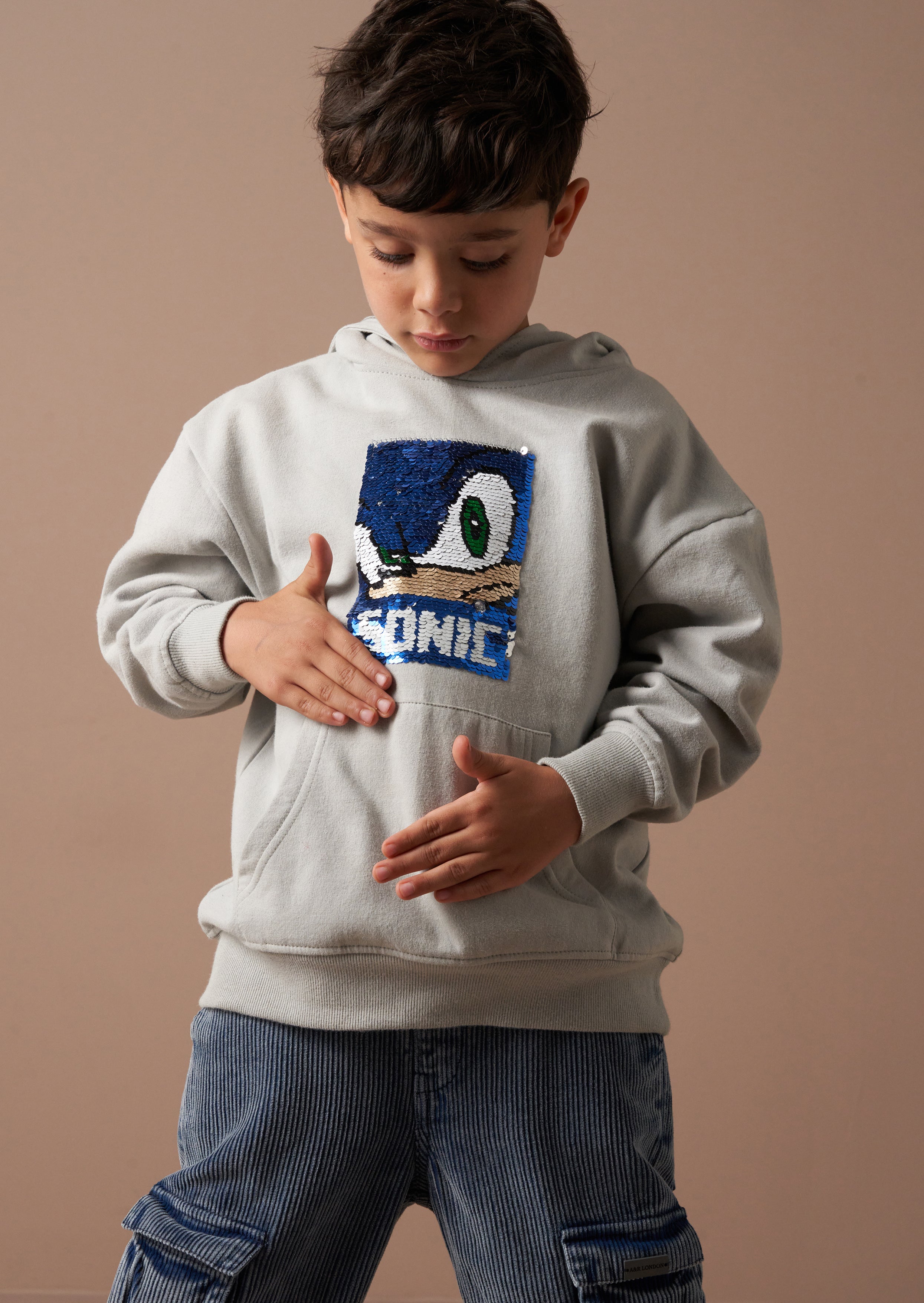 Szara bluza z kapturem z cekinami Sonic