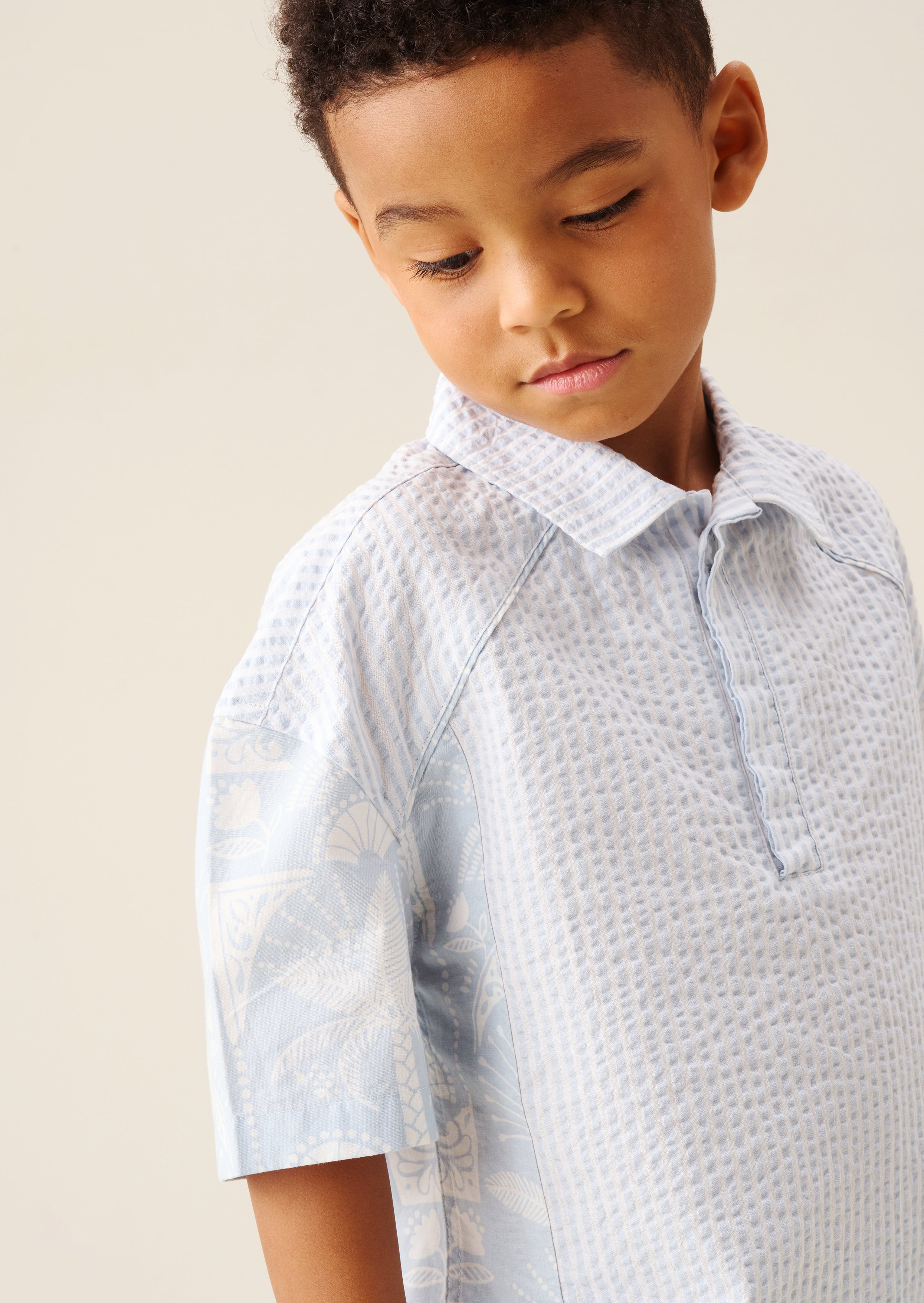 Camisa Regan de rayas con palmas cosida a mano