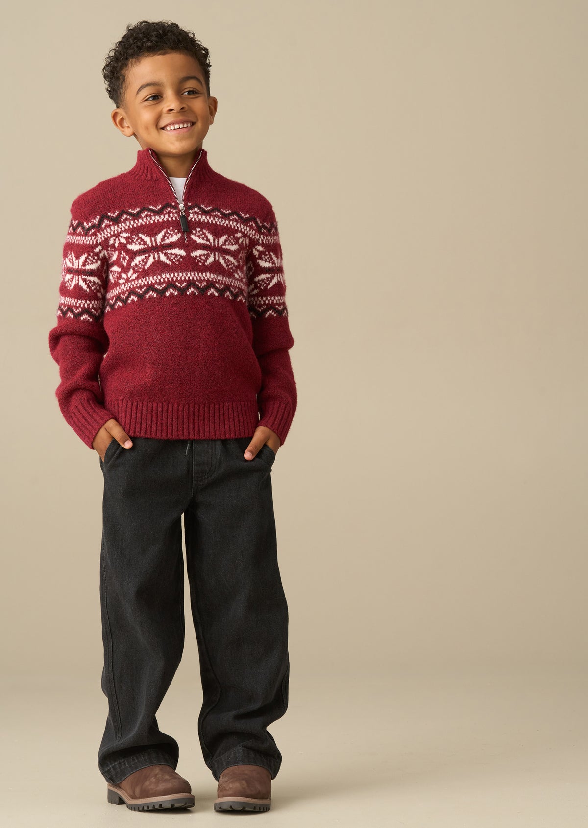 Burgundowy sweter z żakardowym wzorem Fair Isle i zamkiem pod szyją Oakley