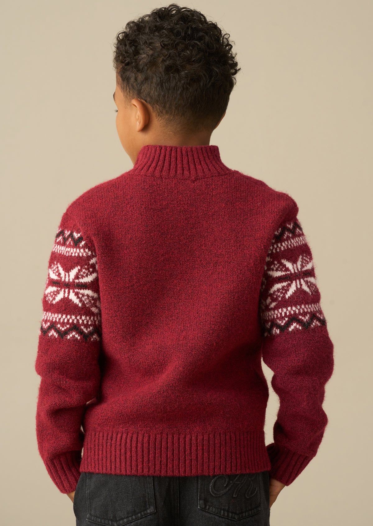 Burgundowy sweter z żakardowym wzorem Fair Isle i zamkiem pod szyją Oakley
