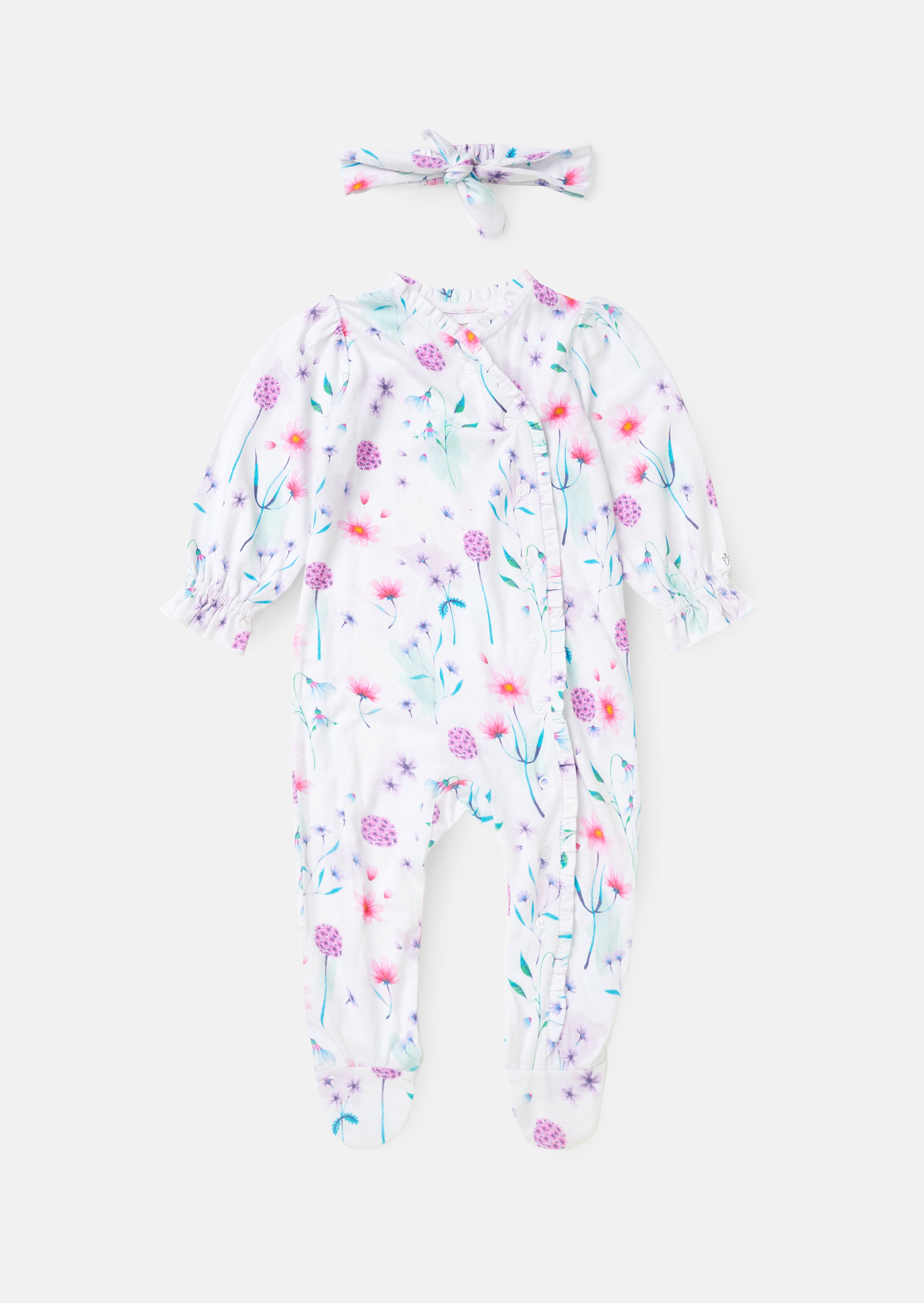 Fleur Weiß Aquarelldruck Babygrow mit Rüschen & Stirnband