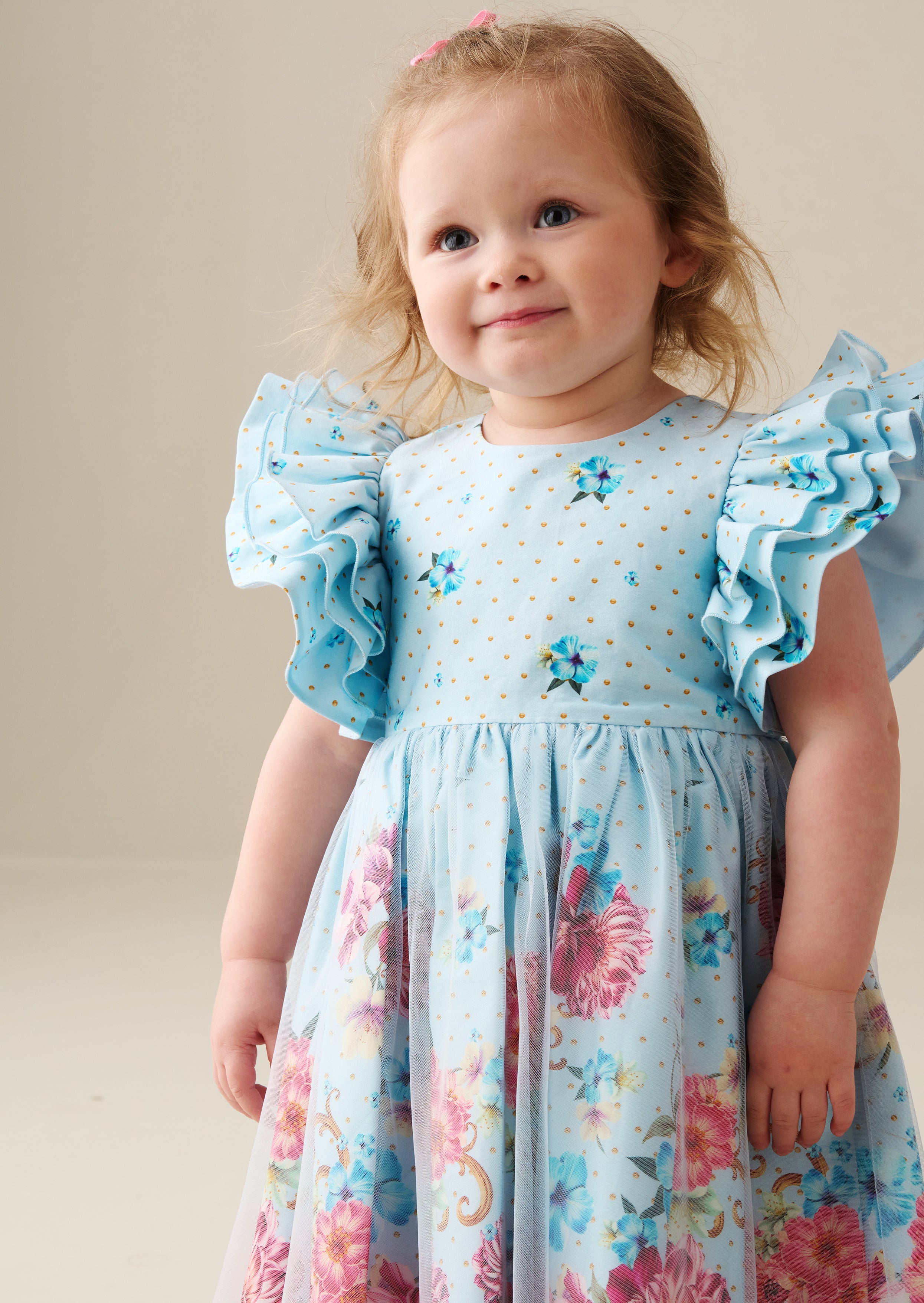 Izzy Printed Tulle Ruffle Sleeve Dress