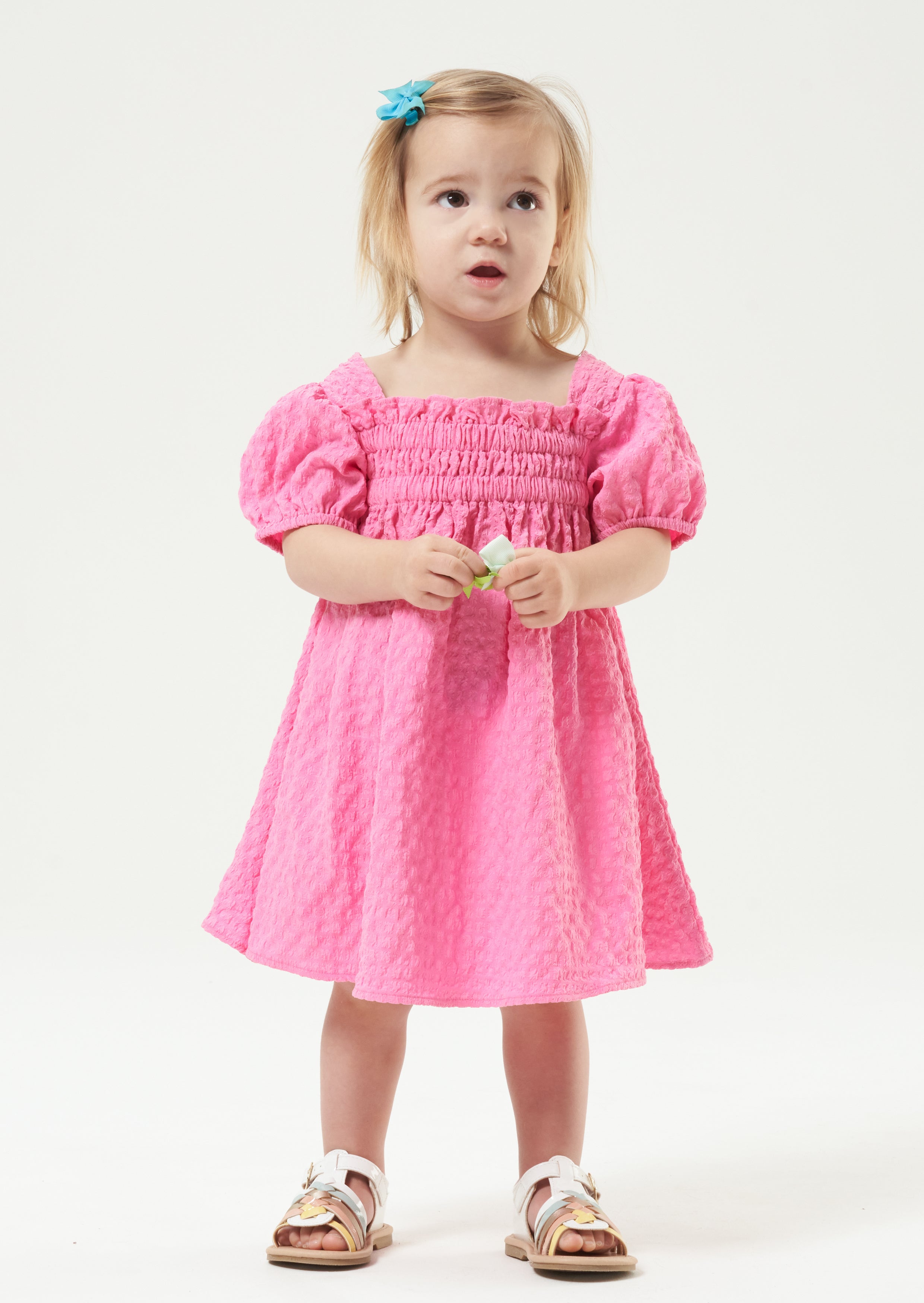 Seersucker Pink Shirred Puff Sleeve