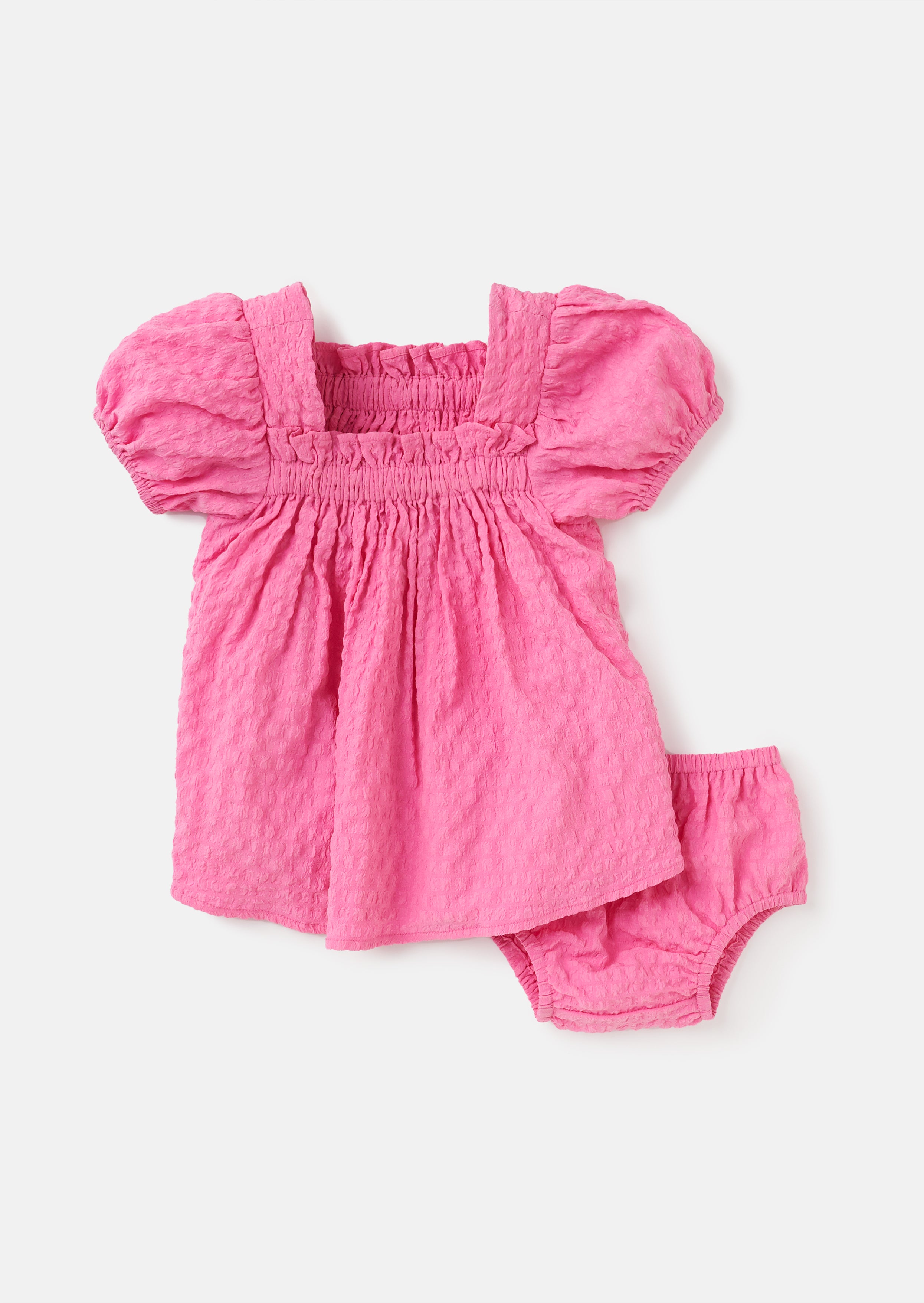 Seersucker Pink Shirred Puff Sleeve