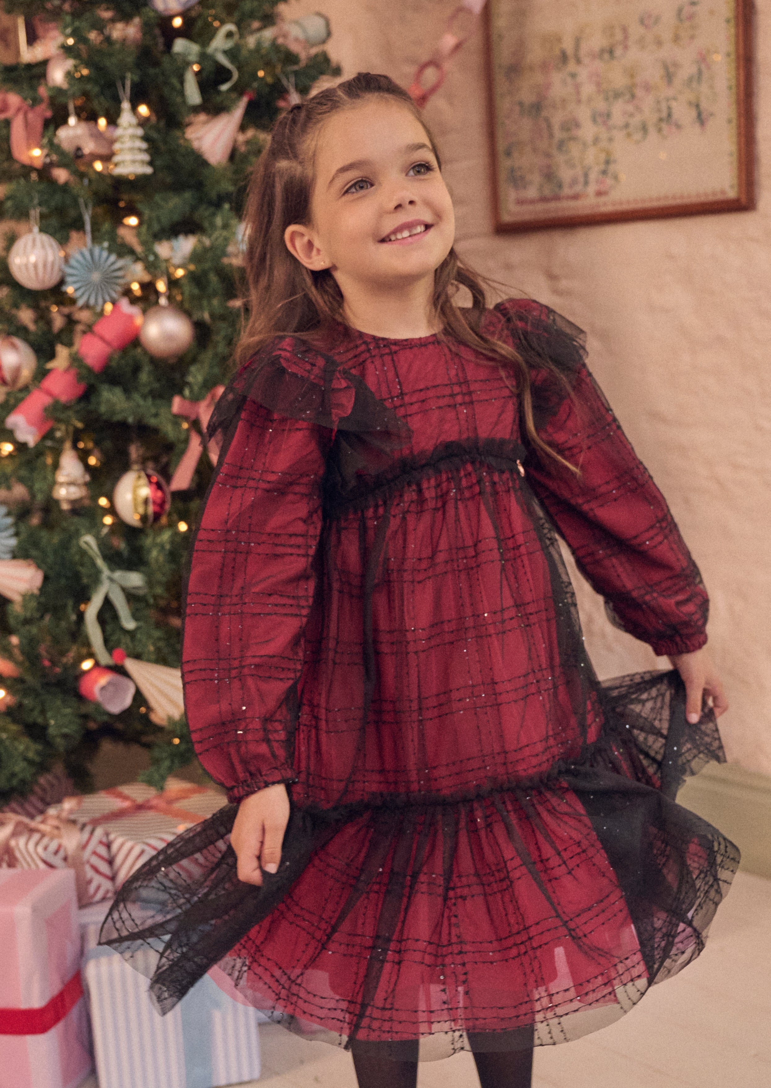 Tia Sequin Tartan Mesh Dress