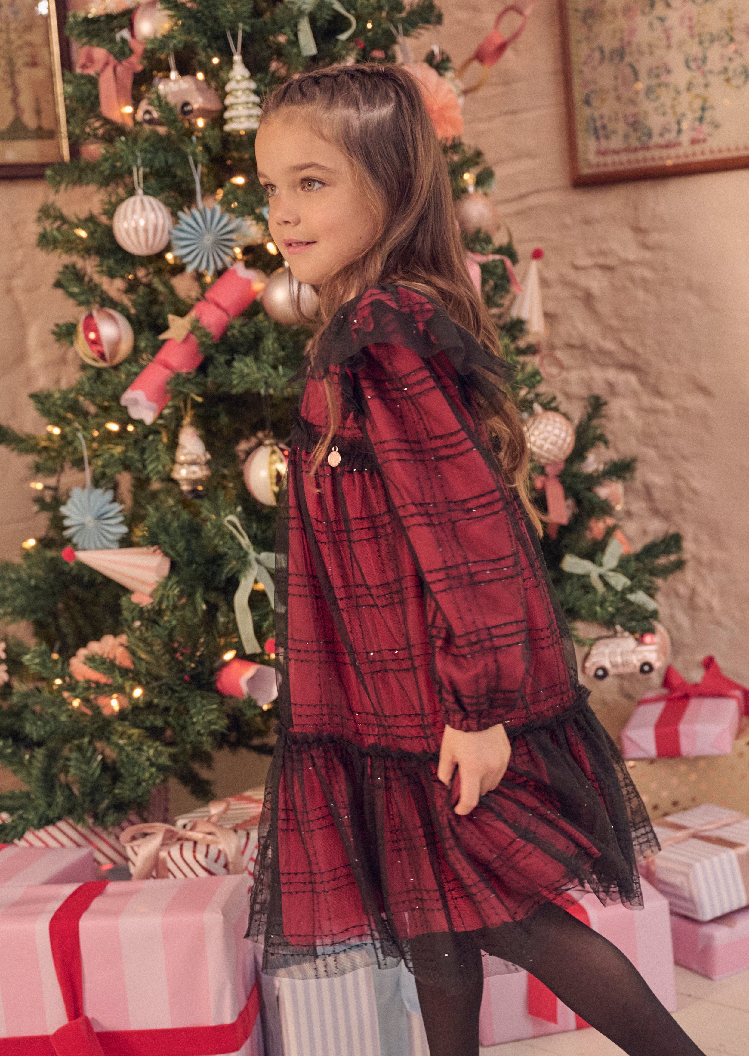 Tia Sequin Tartan Mesh Dress