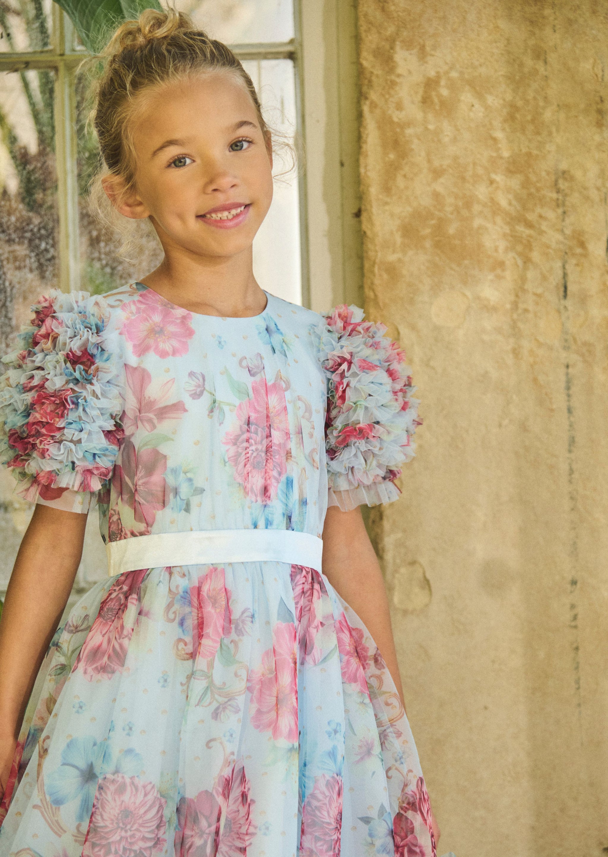 Girls Blue Floral Ruffle Sleeve Party Dress