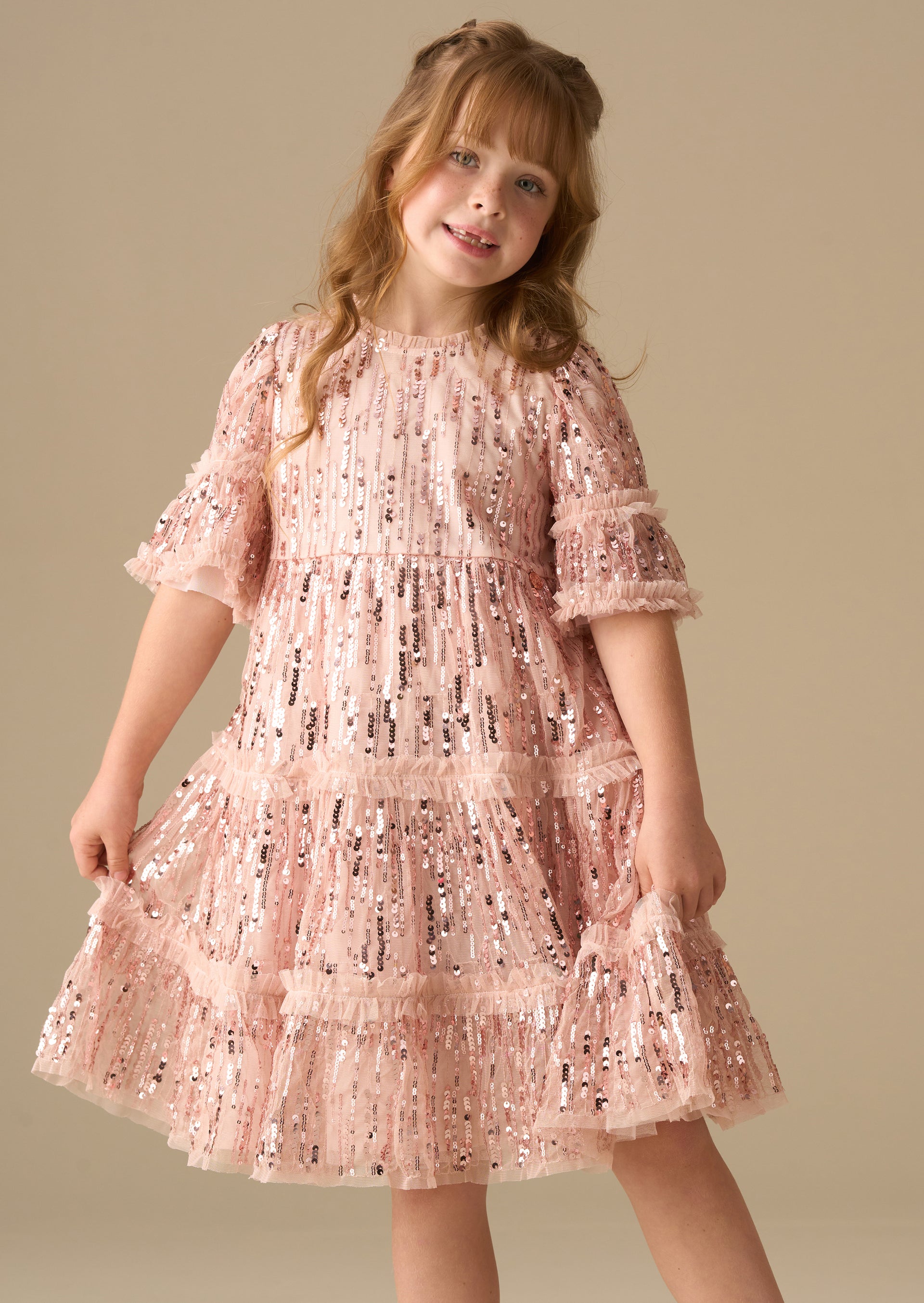Girls Pink Sequin Mesh Frill Party Dress