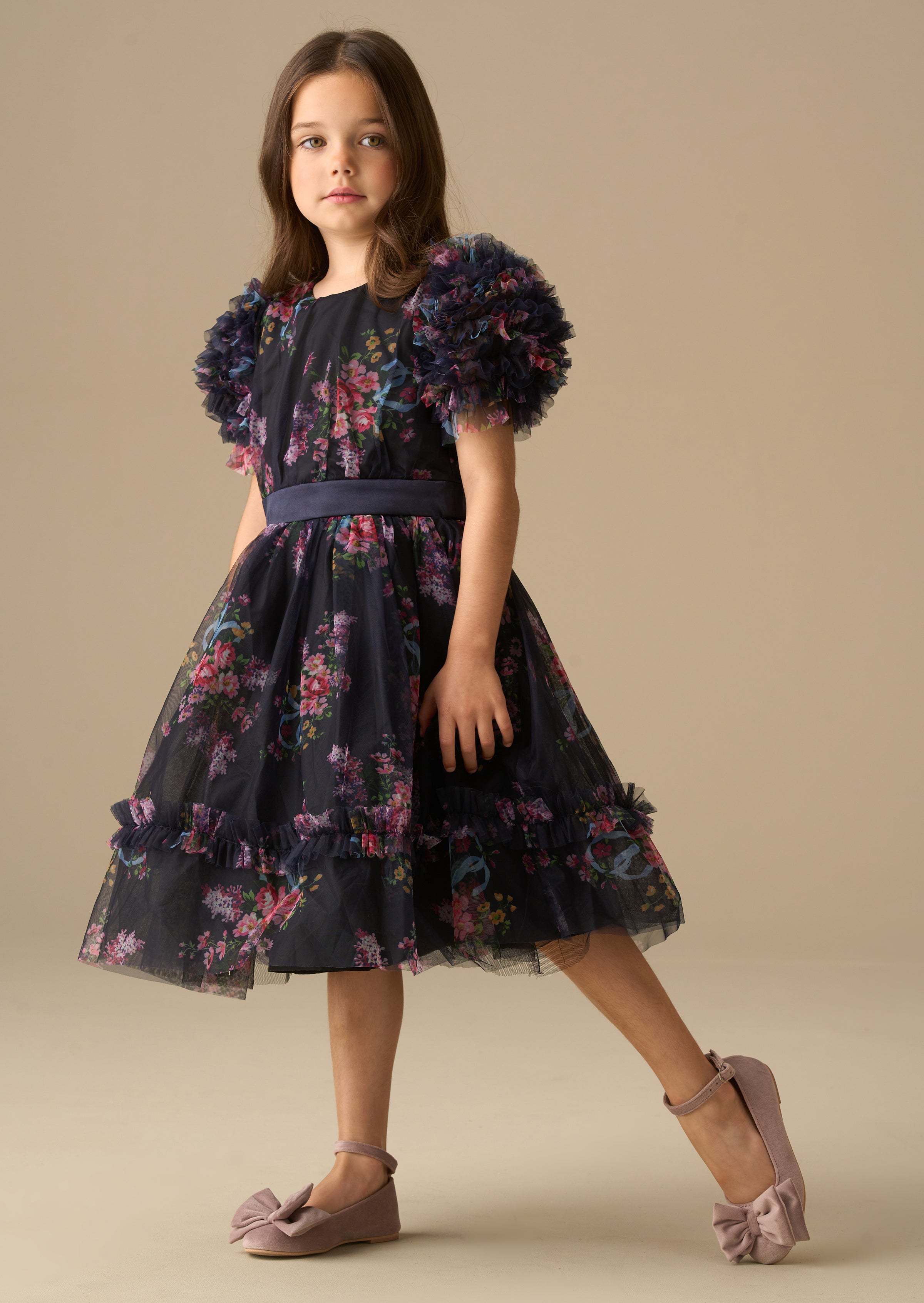 Florence Navy Ruffle Mesh Sleeve Dress