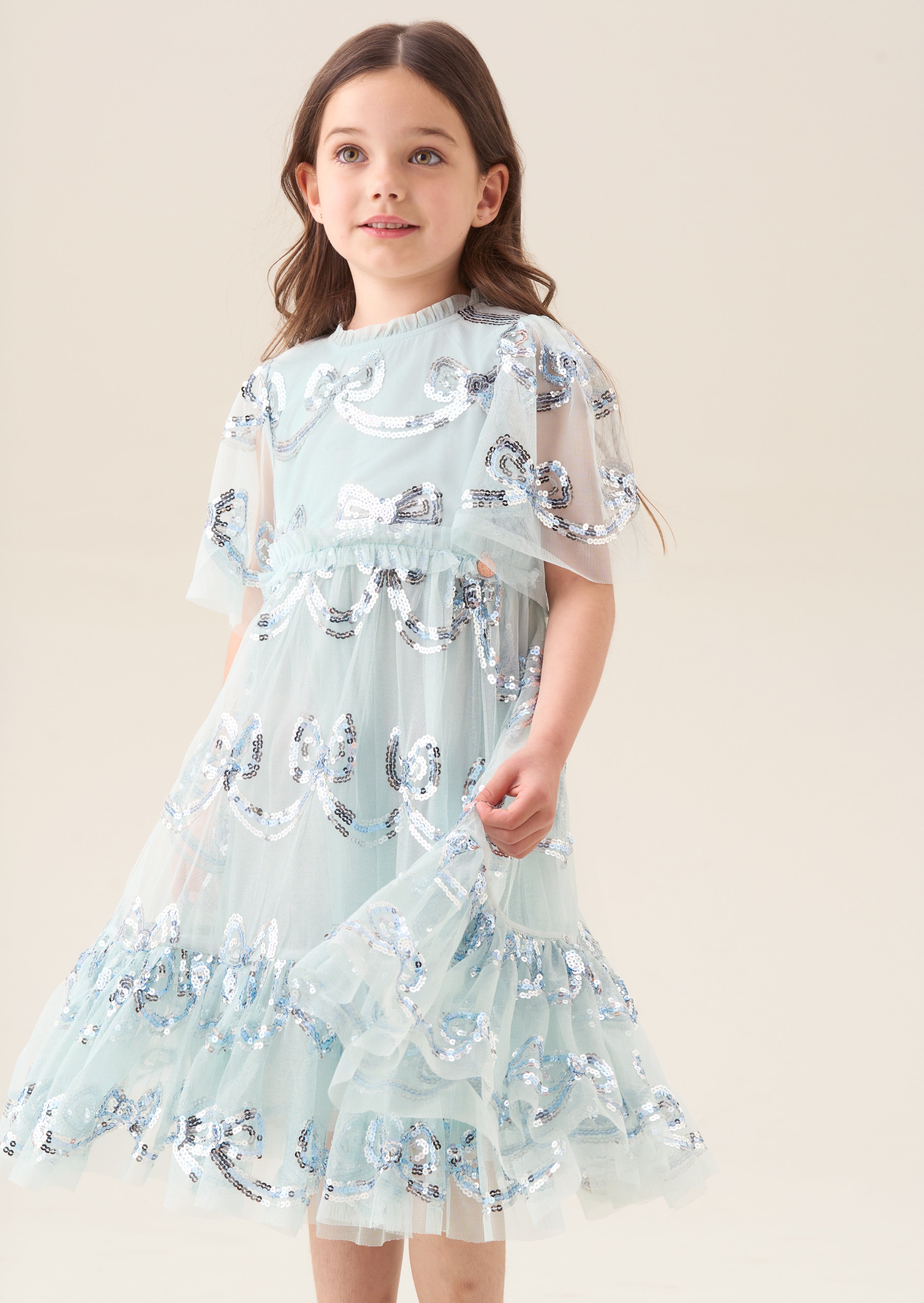 Delta Mint Sequin Bow Mesh Dress