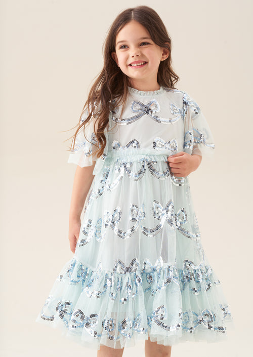Delta Mint Sequin Bow Mesh Dress