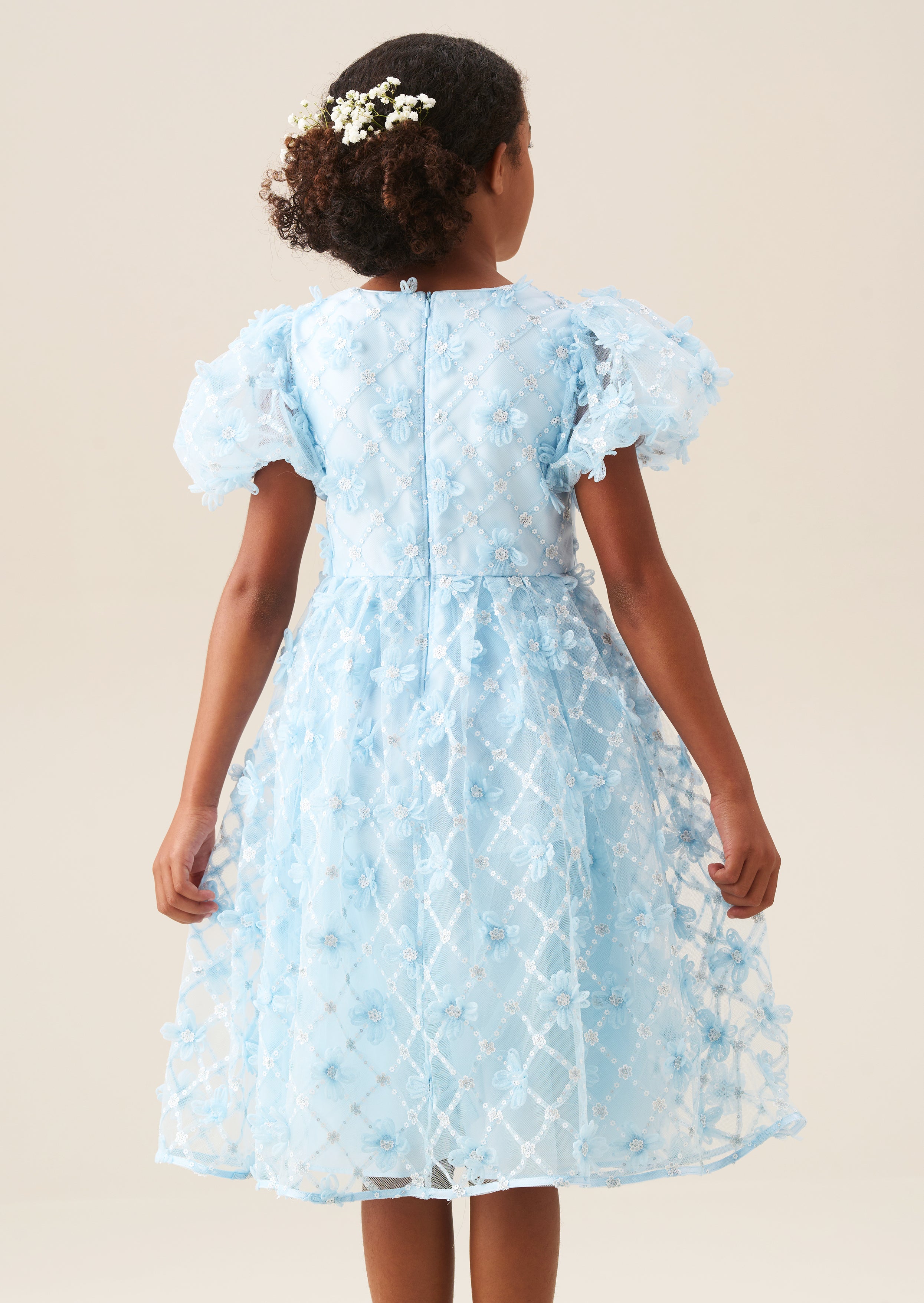 Francine Blue Embellished Puff Sleeve Dress