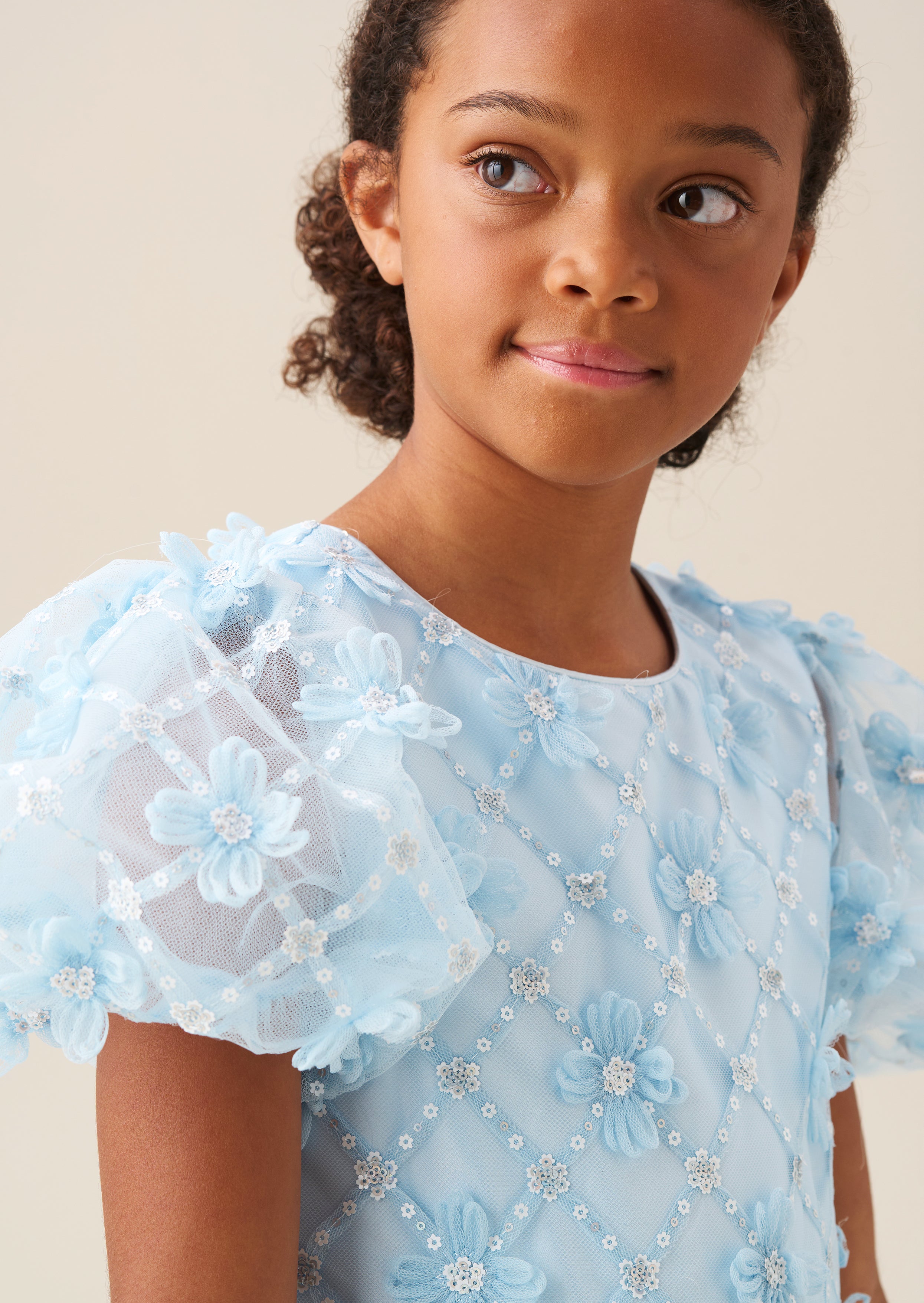 Francine Blue Embellished Puff Sleeve Dress