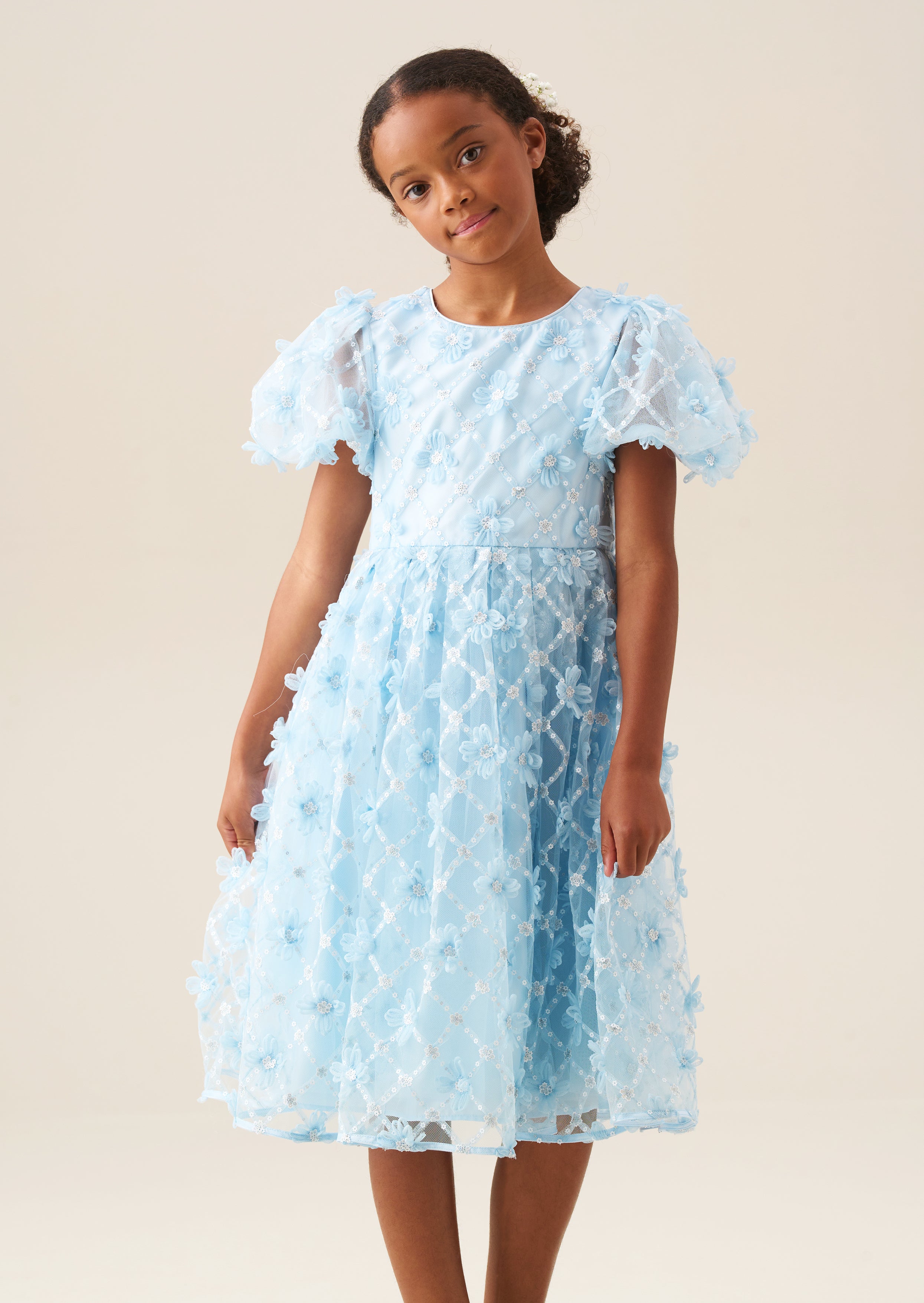 Francine Blue Embellished Puff Sleeve Dress