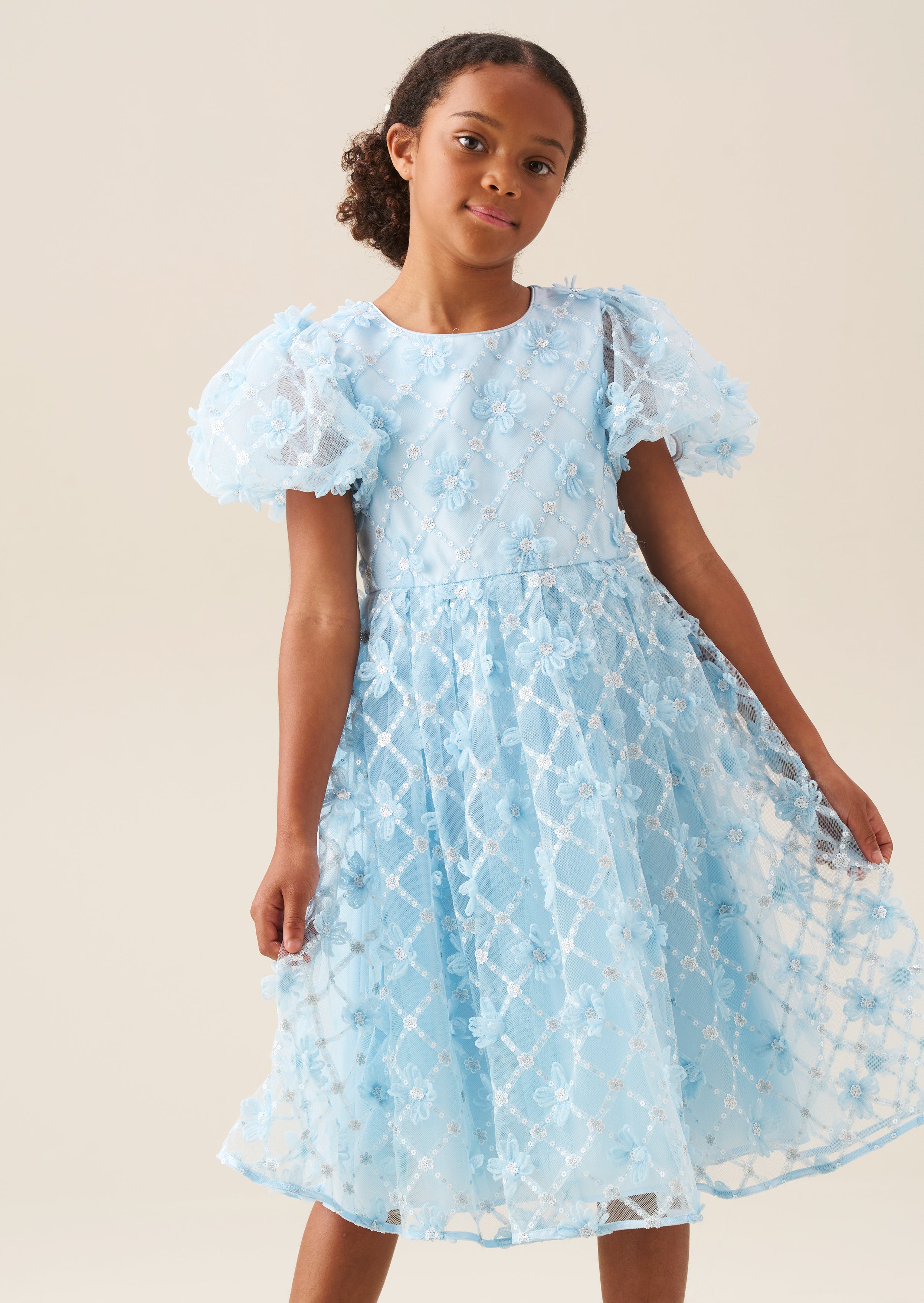 Francine Blue Embellished Puff Sleeve Dress