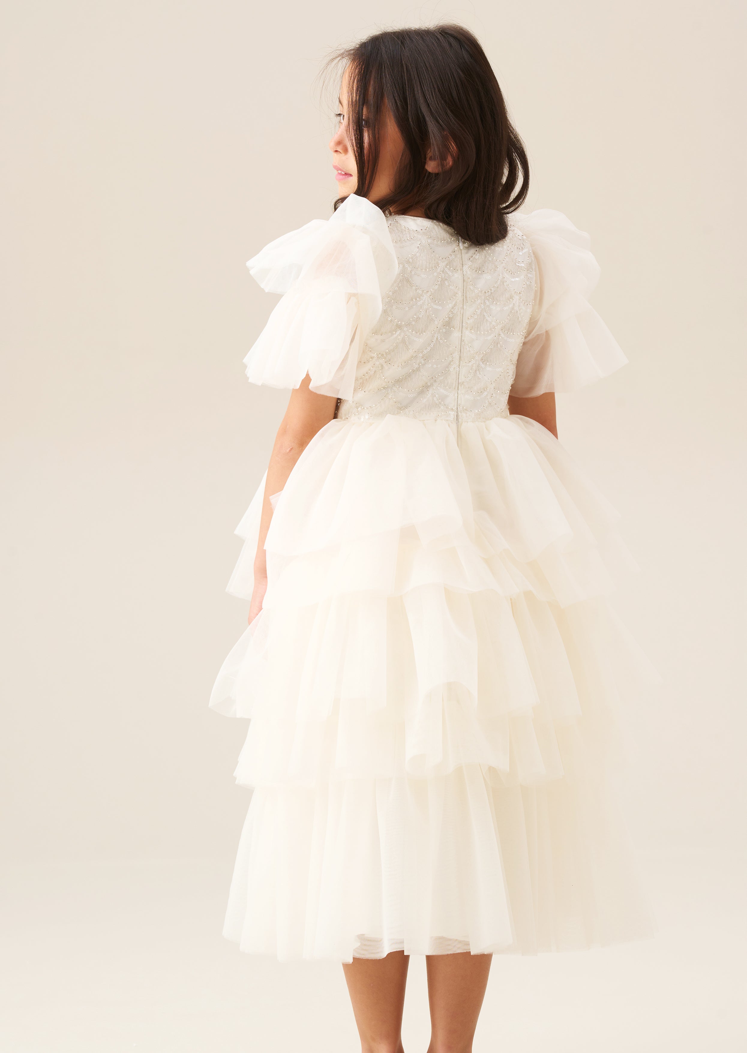 Robe en tulle ivoire Tiffany à volants perlés