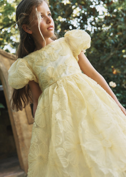 Francine Yellow Embellished Puff Sleeve Dress