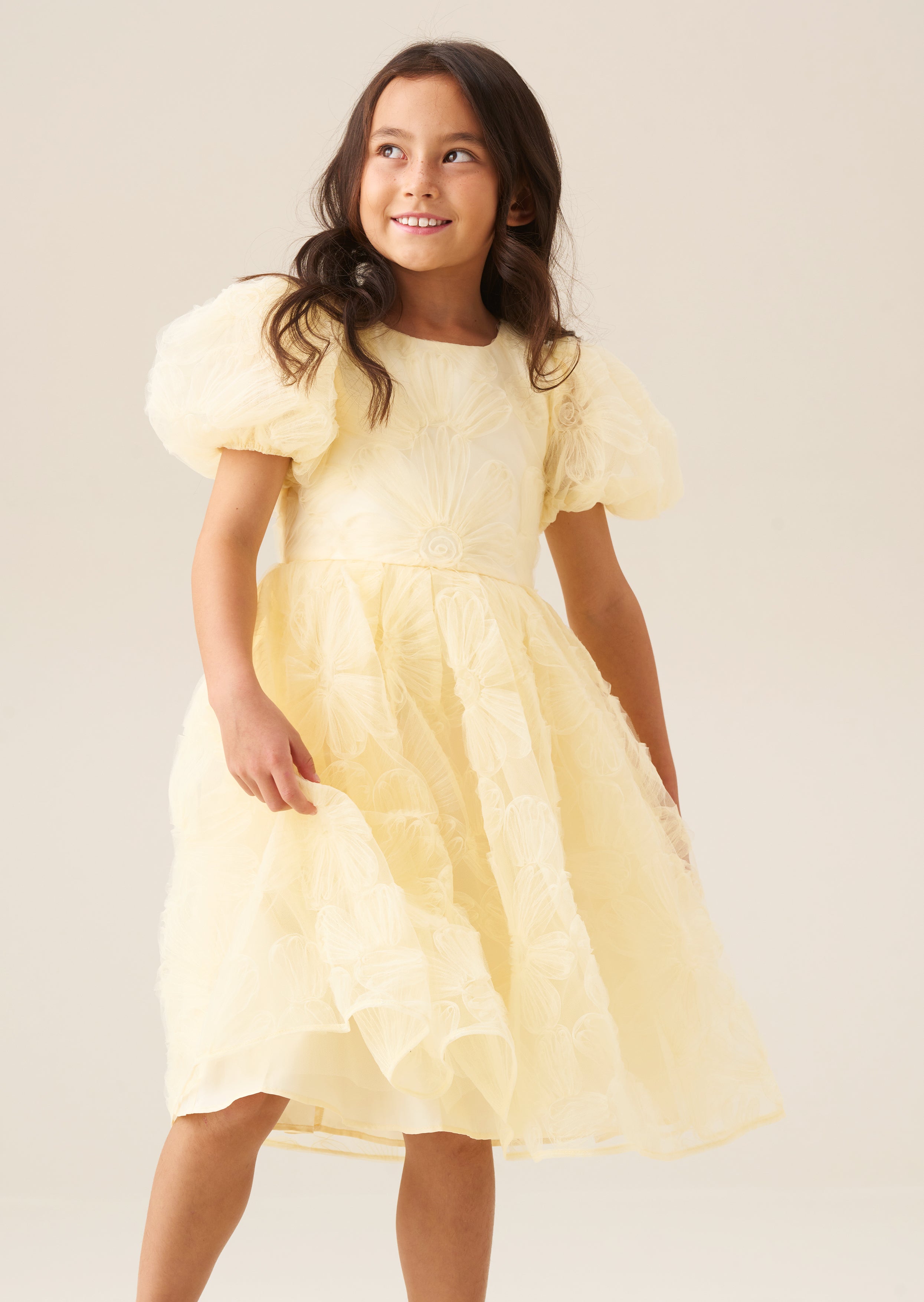 Francine Yellow Embellished Puff Sleeve Dress