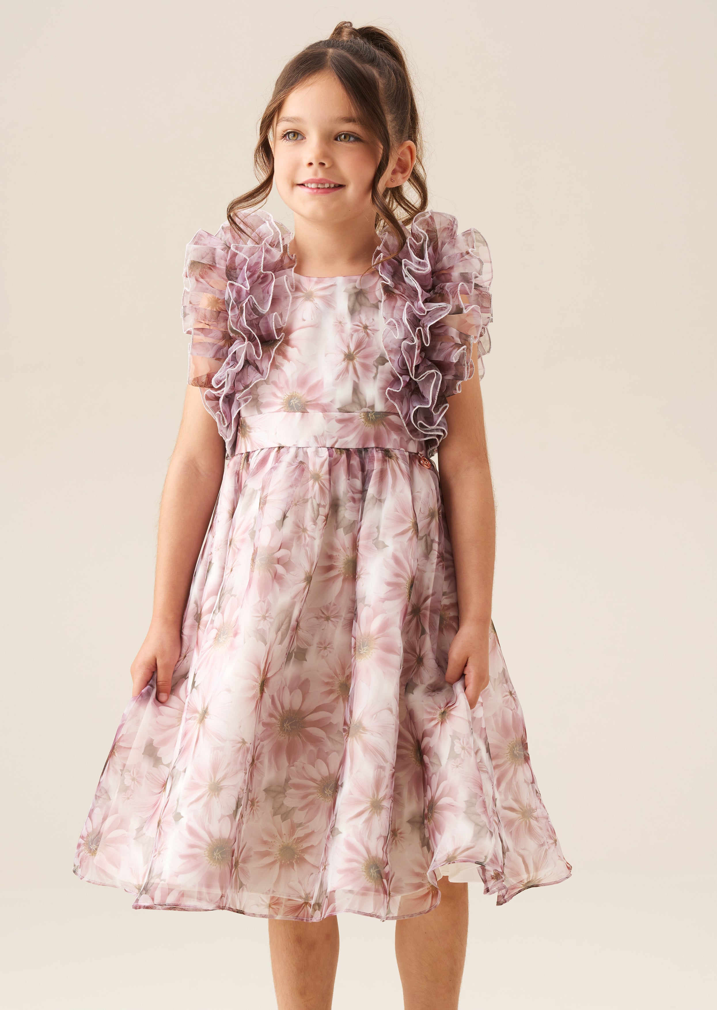 Flora Ruffle Sleeve Organza Print Dress