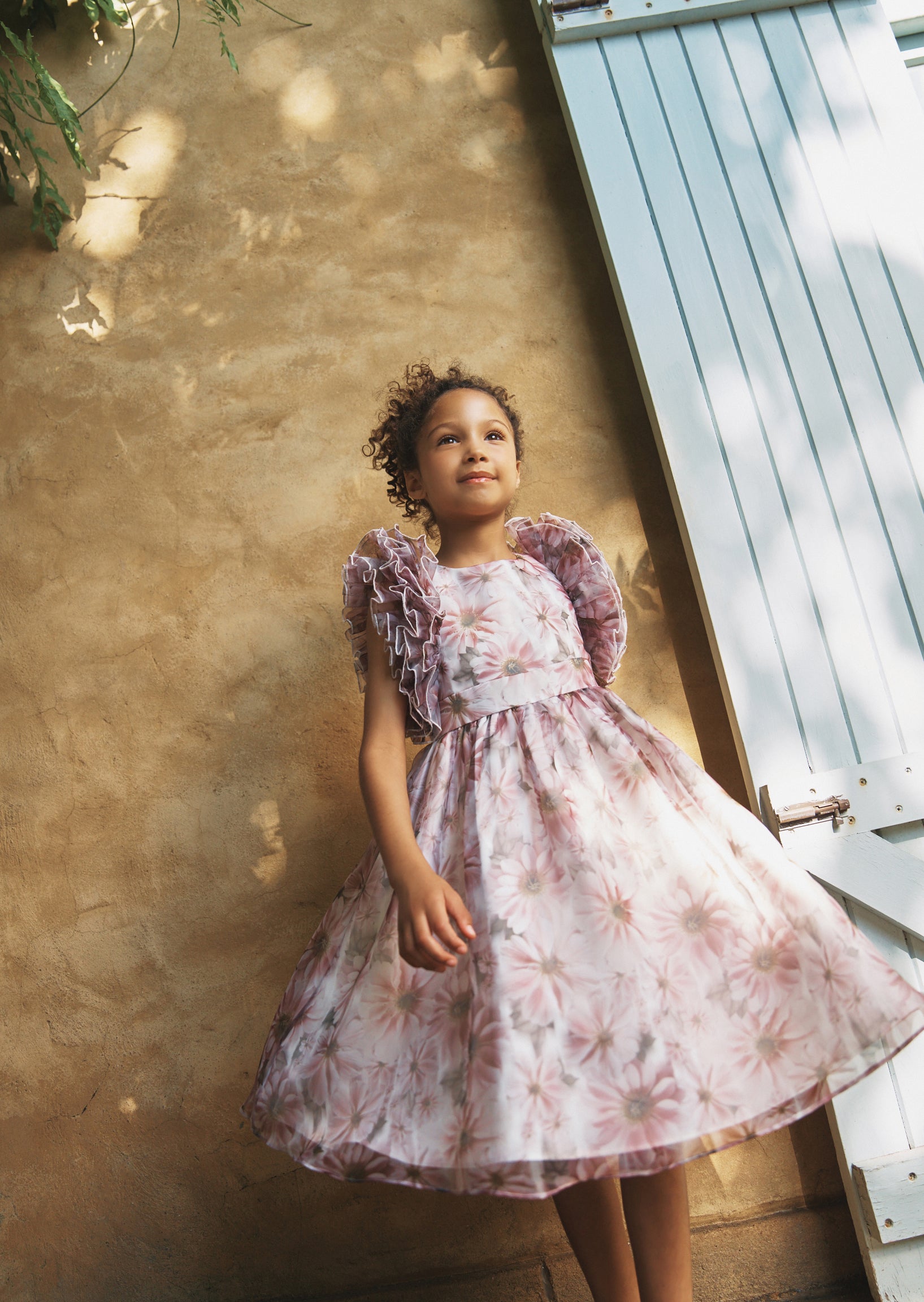 Vestito in organza stampata Flora con maniche a volant