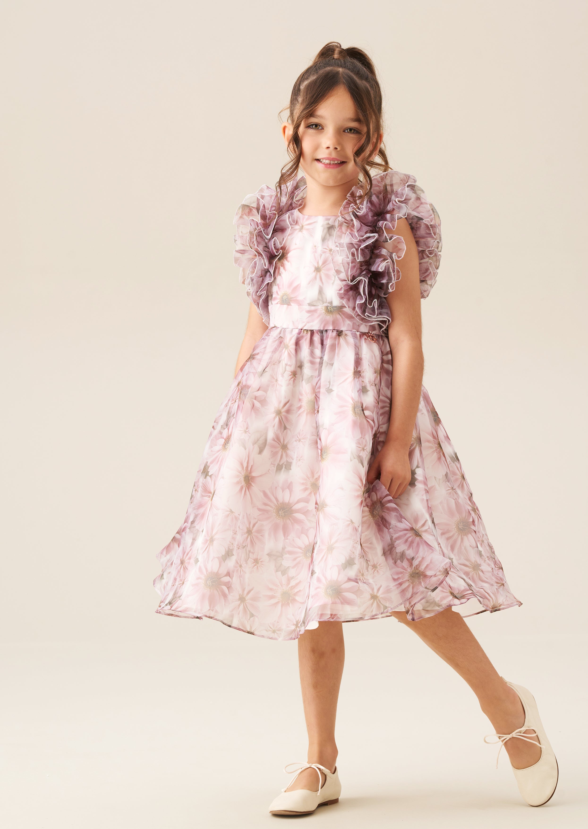 Flora Ruffle Sleeve Organza Print Dress