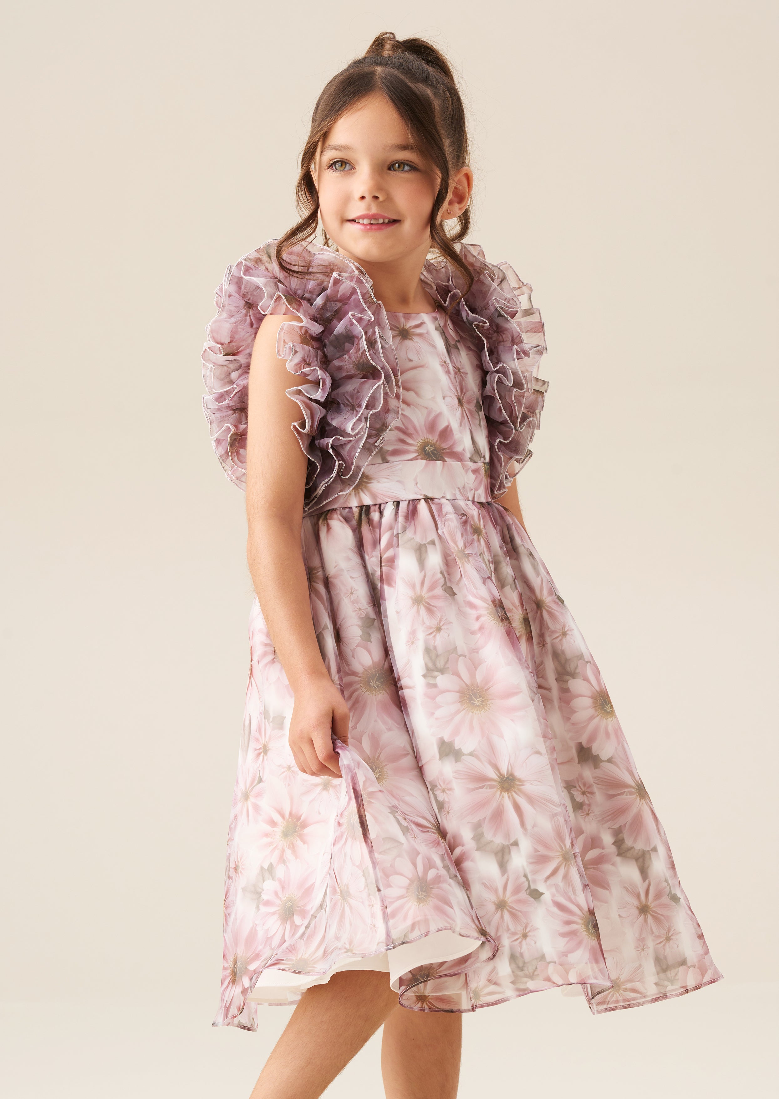 Flora Ruffle Sleeve Organza Print Dress
