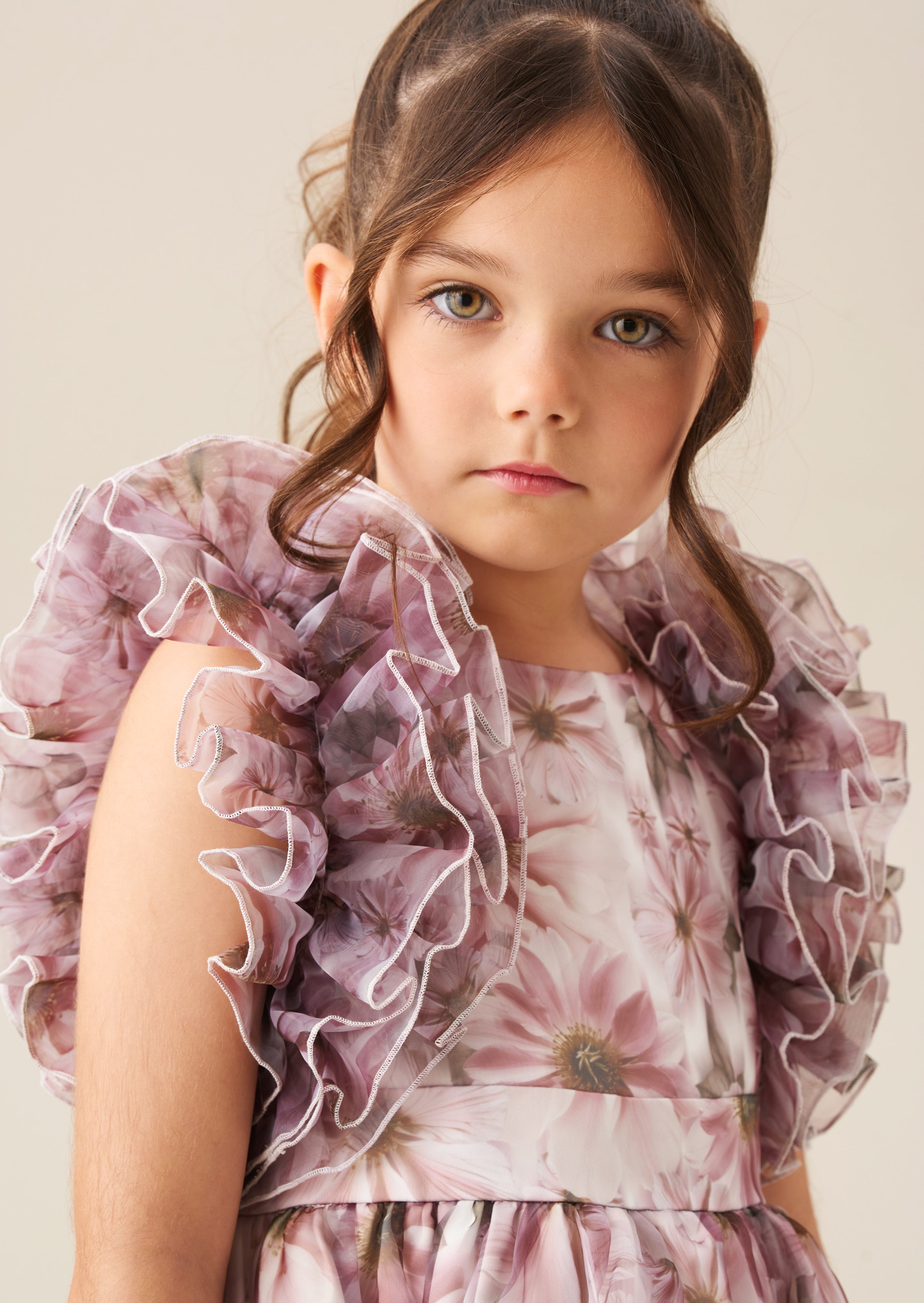 Flora Ruffle Sleeve Organza Print Dress